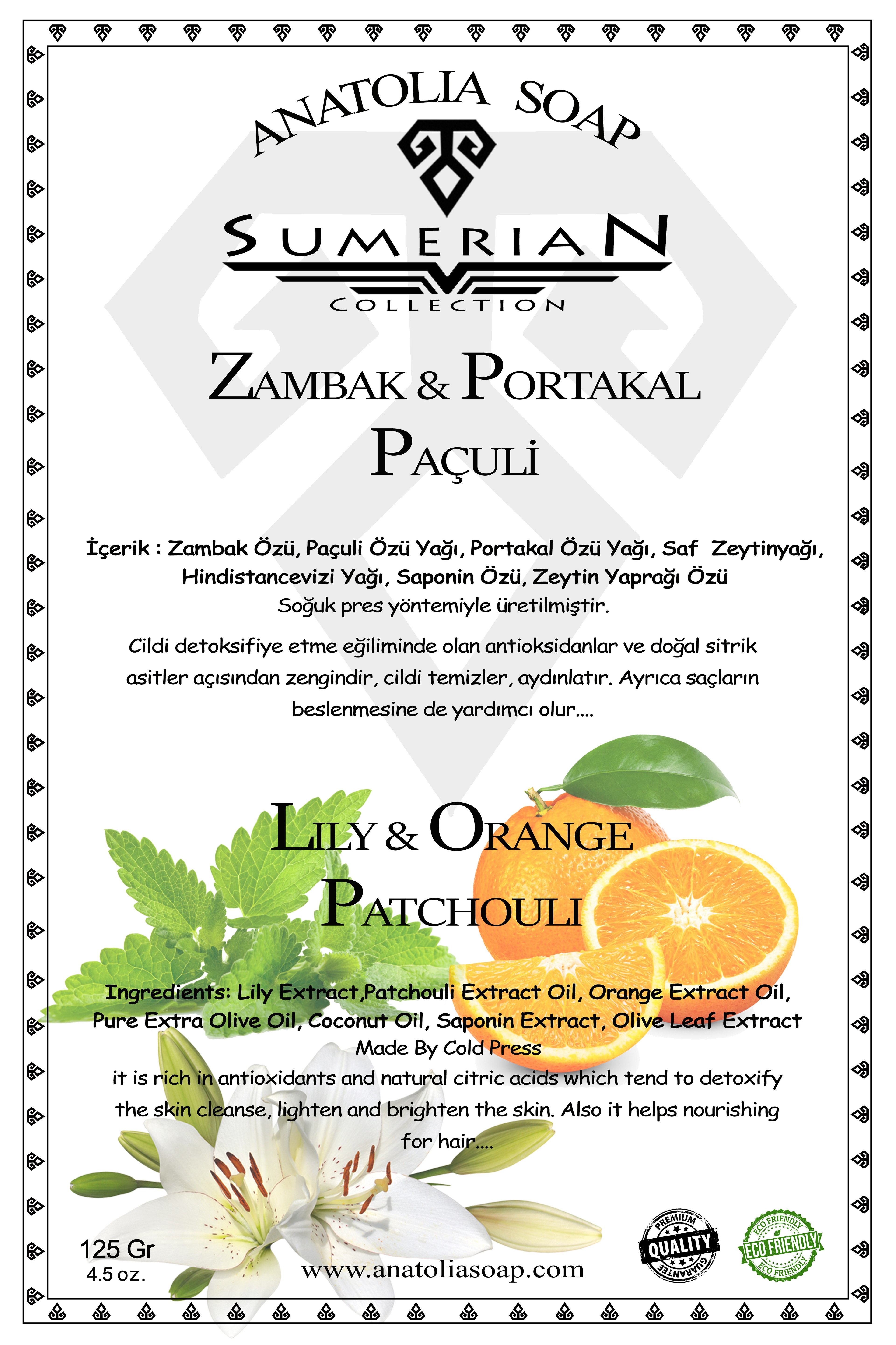 Sumerian Collection Patchouli Lily Orange Soap Has Aromatherapy Features and Helps Reduce Cellulite.