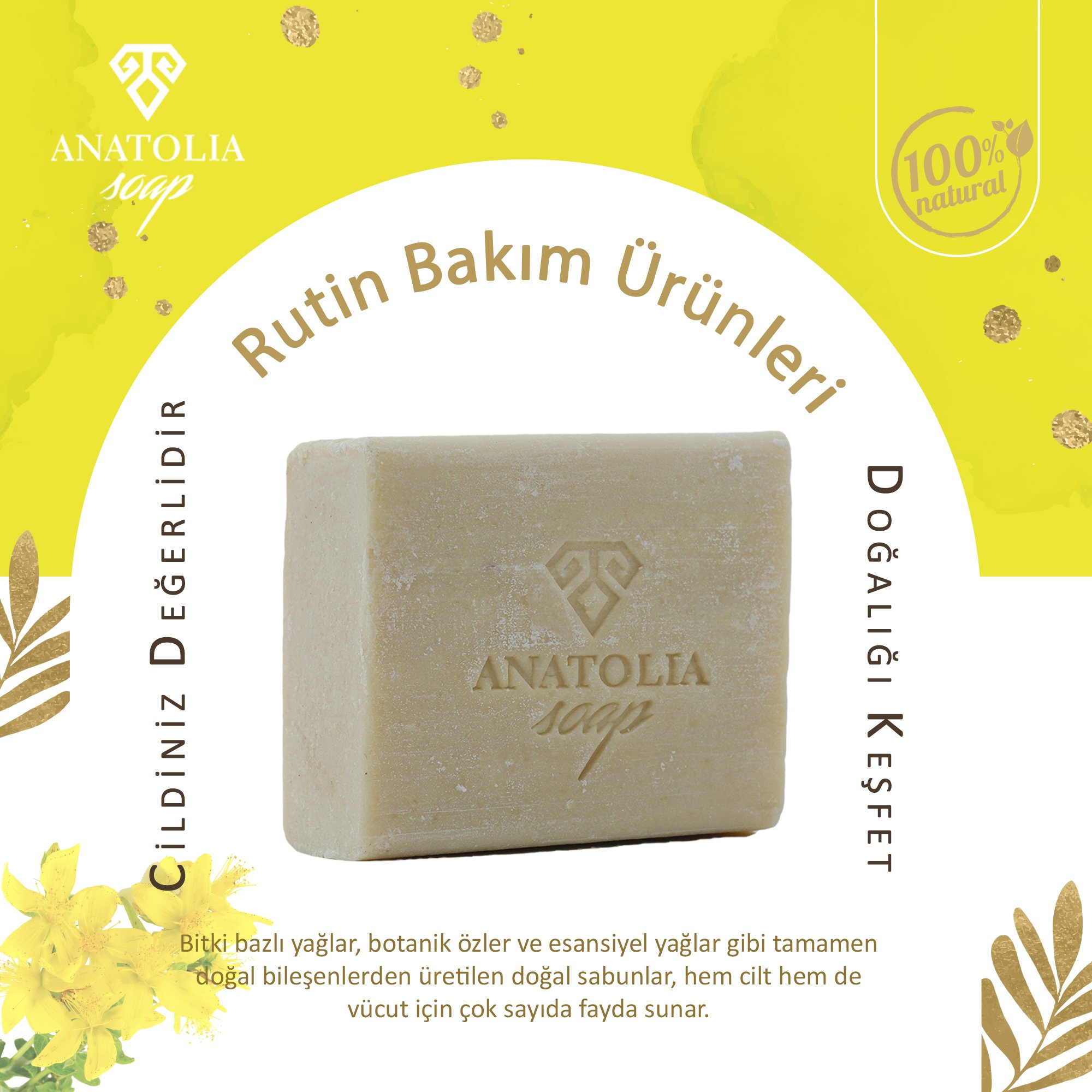 Mysia Koleksiyonu Sarı Kantaron Sabunu Doğal Bitkisel Yağlardan oluşur Cildi Temizler, Kirlerden Arındırır. 125gr.
