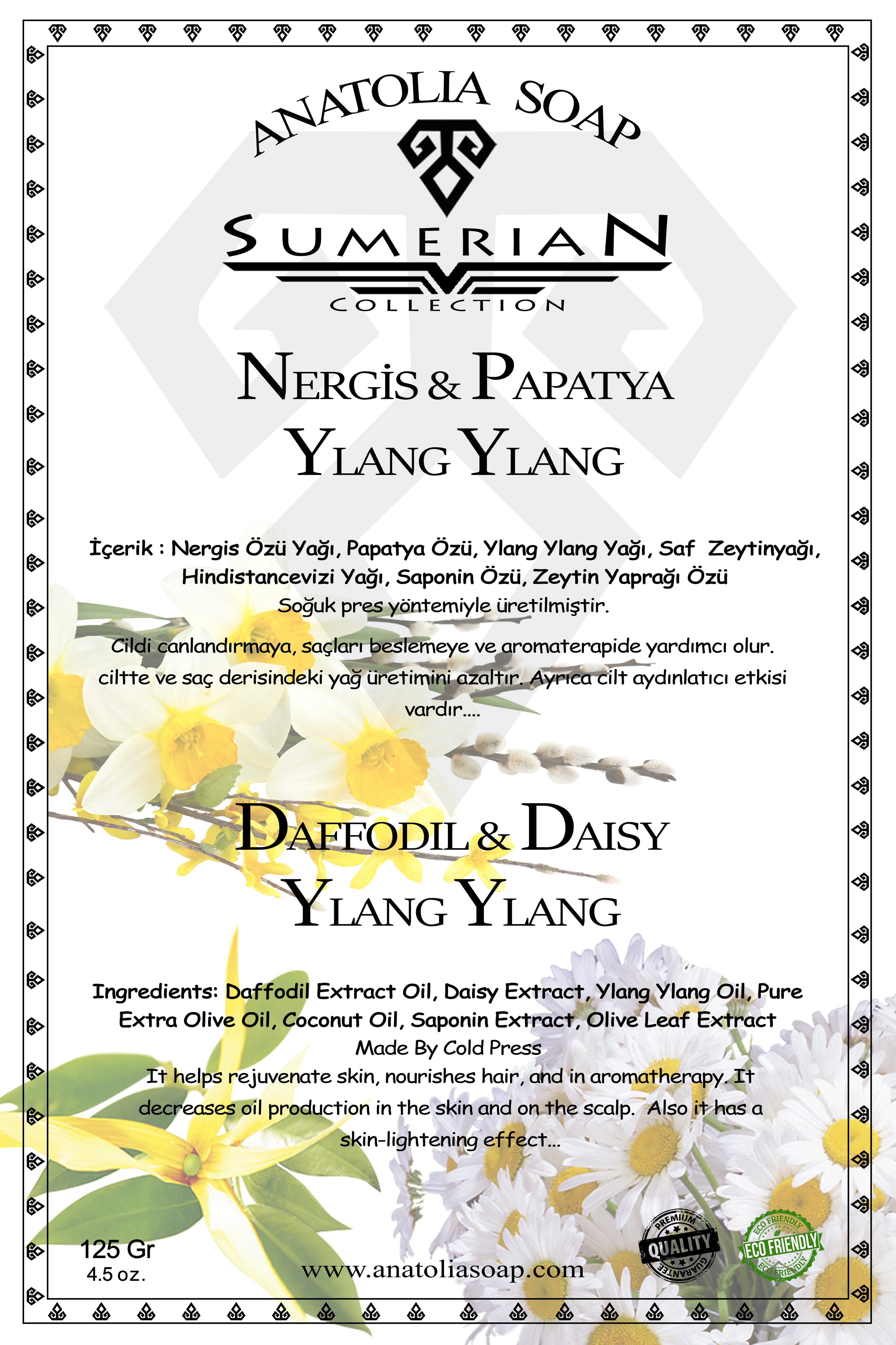 Sumerian Collection Daffodil Daisy Ylang-ylang Soap has Aromatherapy Features and Revitalizes the Skin. Strengthens Weak Hair.