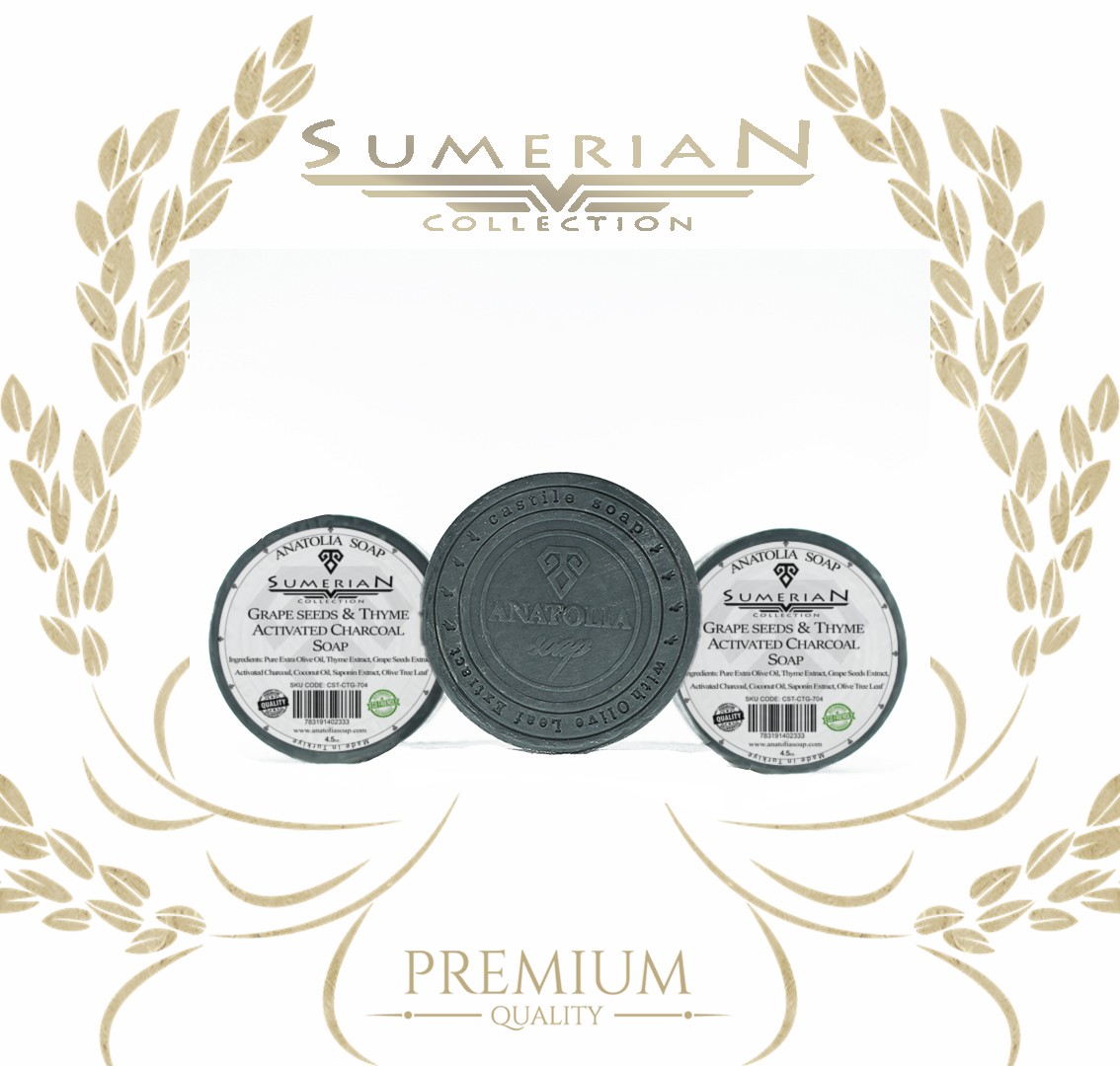 Get Rid of Toxins from the Skin with Sumerian Collection Activated Charcoal Thyme Grape Seed Soap.