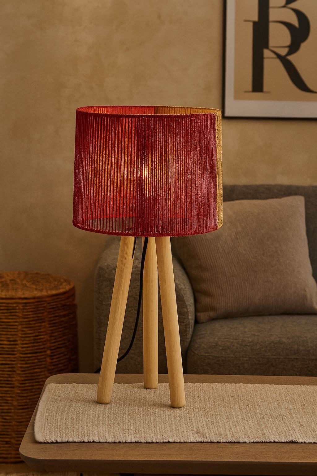 AmberWood El Örgüsü Masa Lambası – Kırmızı & Keten Renkli