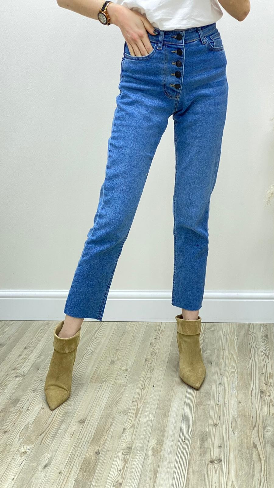 Yüksek Bel Düğme Detay Jean Pantolon Mavi