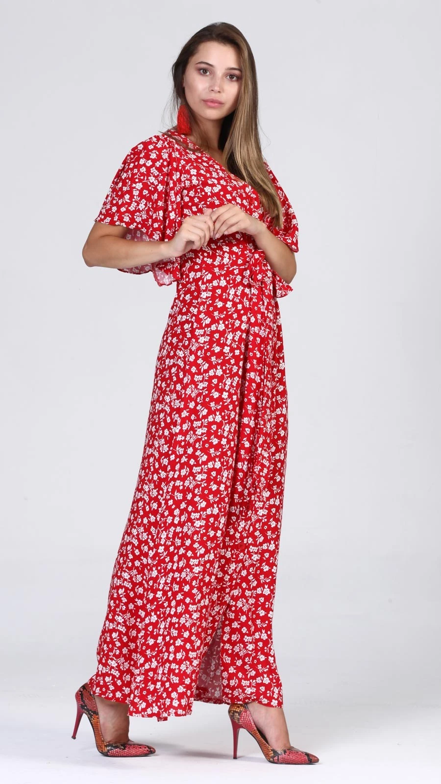 Boydan Düğmeli Yarasa Kol Elbise - Kırmızı