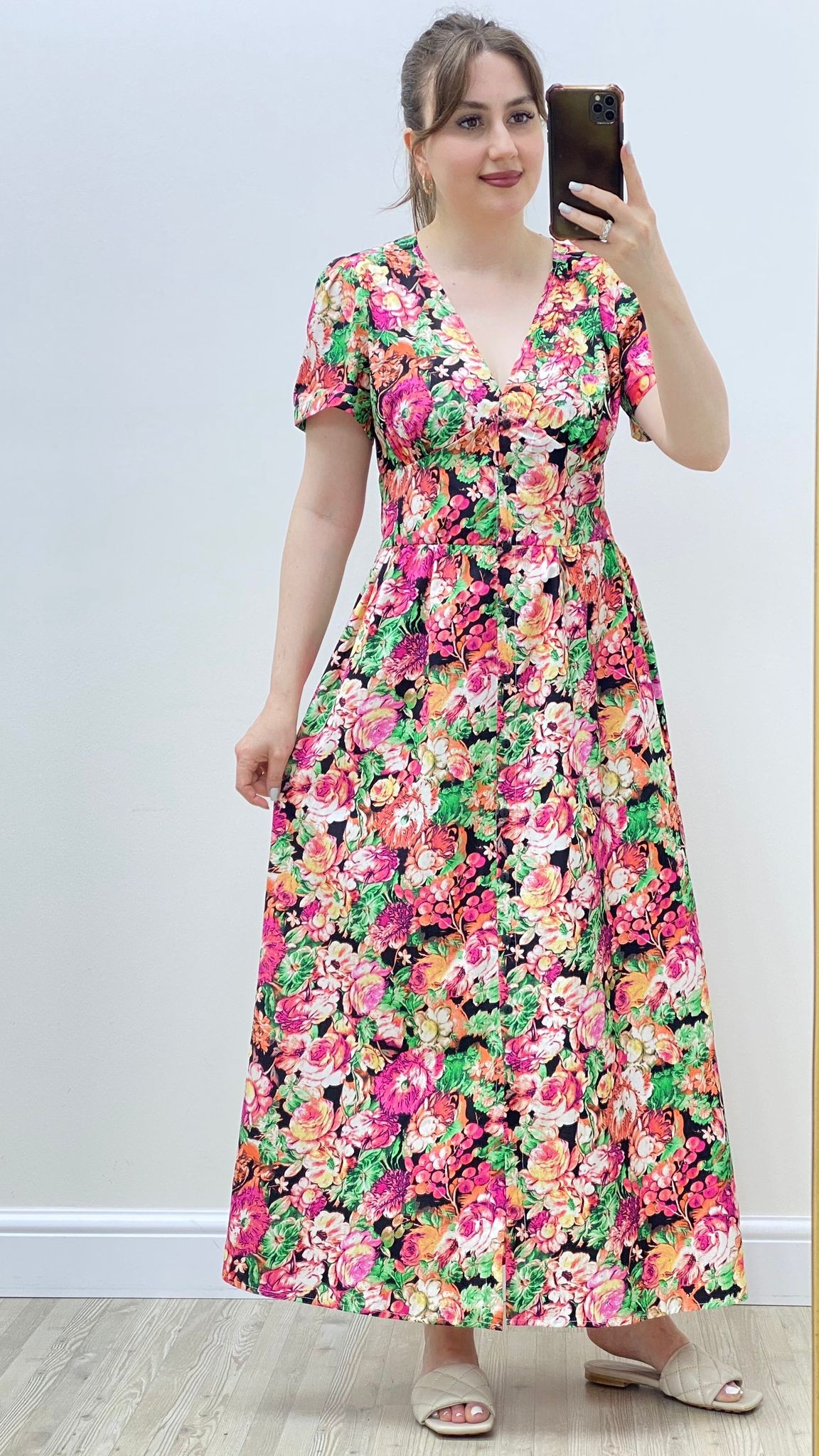 Üzümlü Poplin Elbise Pembe