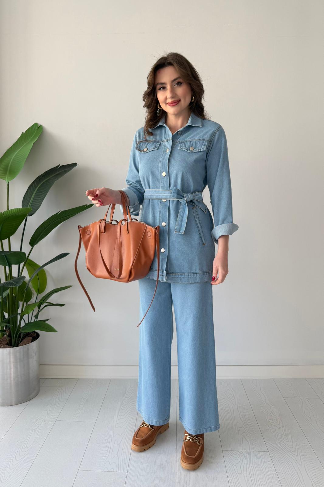 Kuşaklı Denim Takım - Mavi