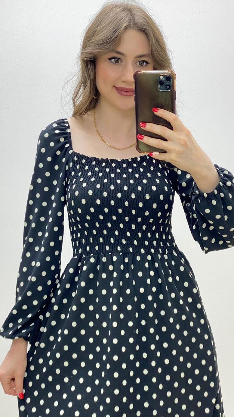 Uzun Kol Puantiyeli Krep Elbise Siyah