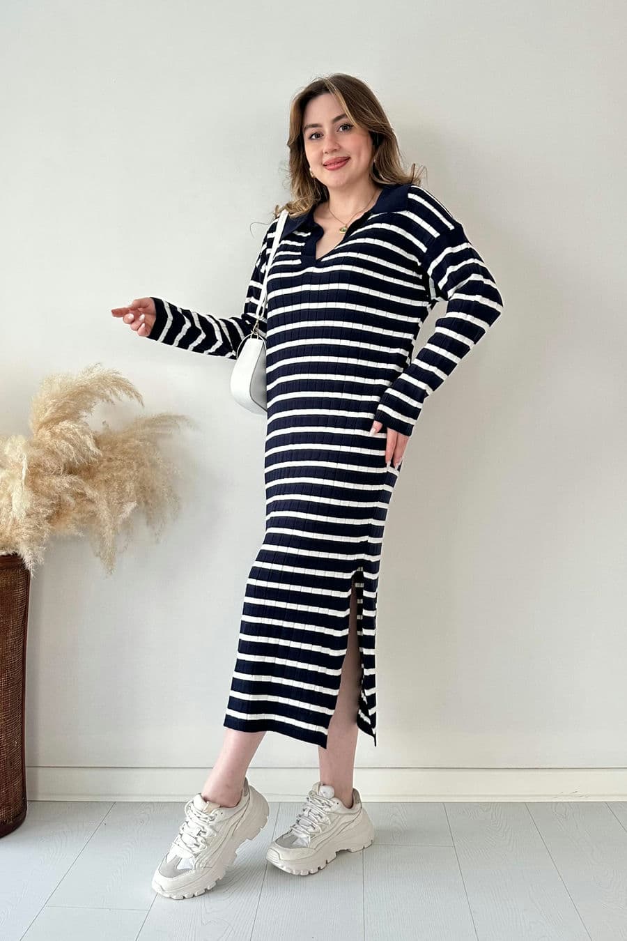 Çizgili Basic Triko Elbise