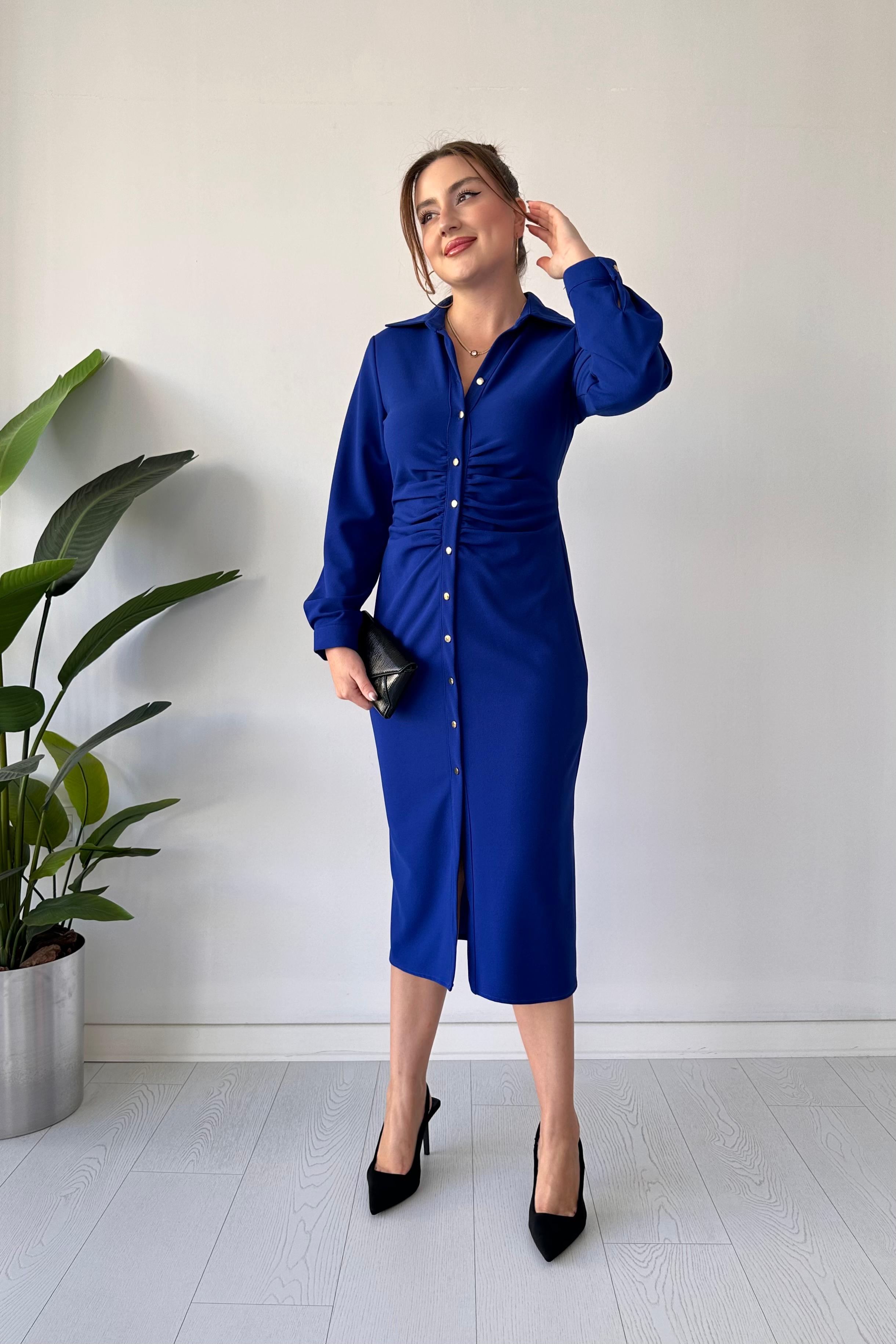 Göğüs Büzgü Gömlek Elbise - Saks Mavisi