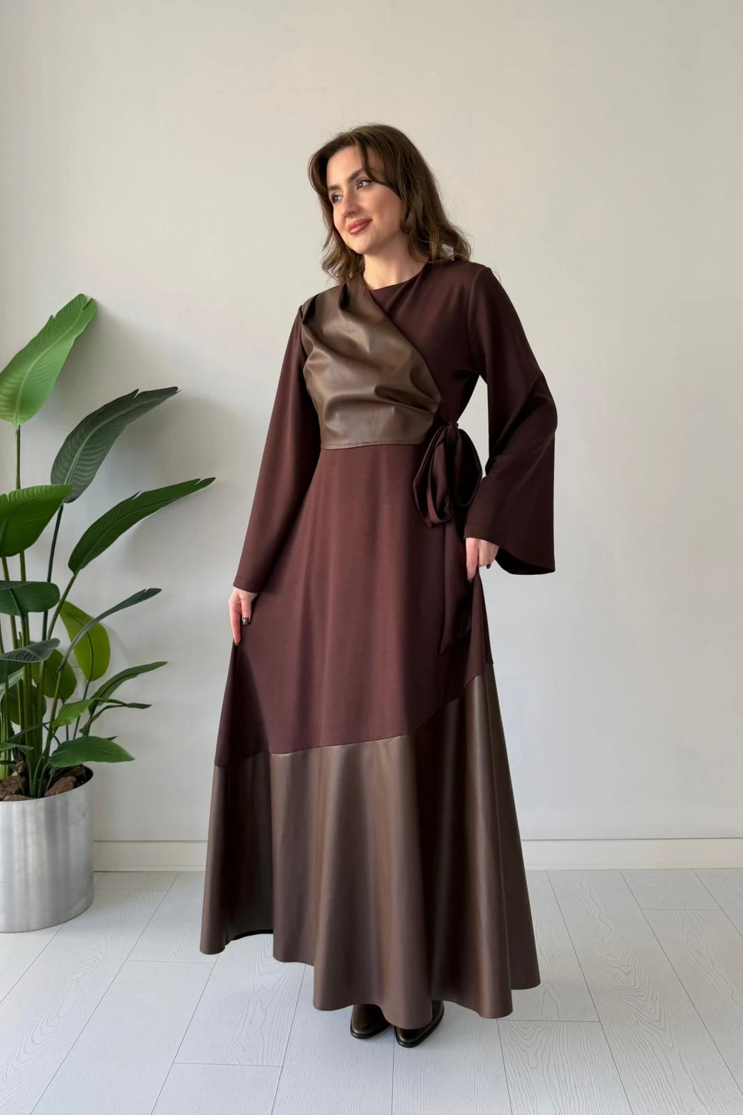 Deri Garnili Elbise - Kahve