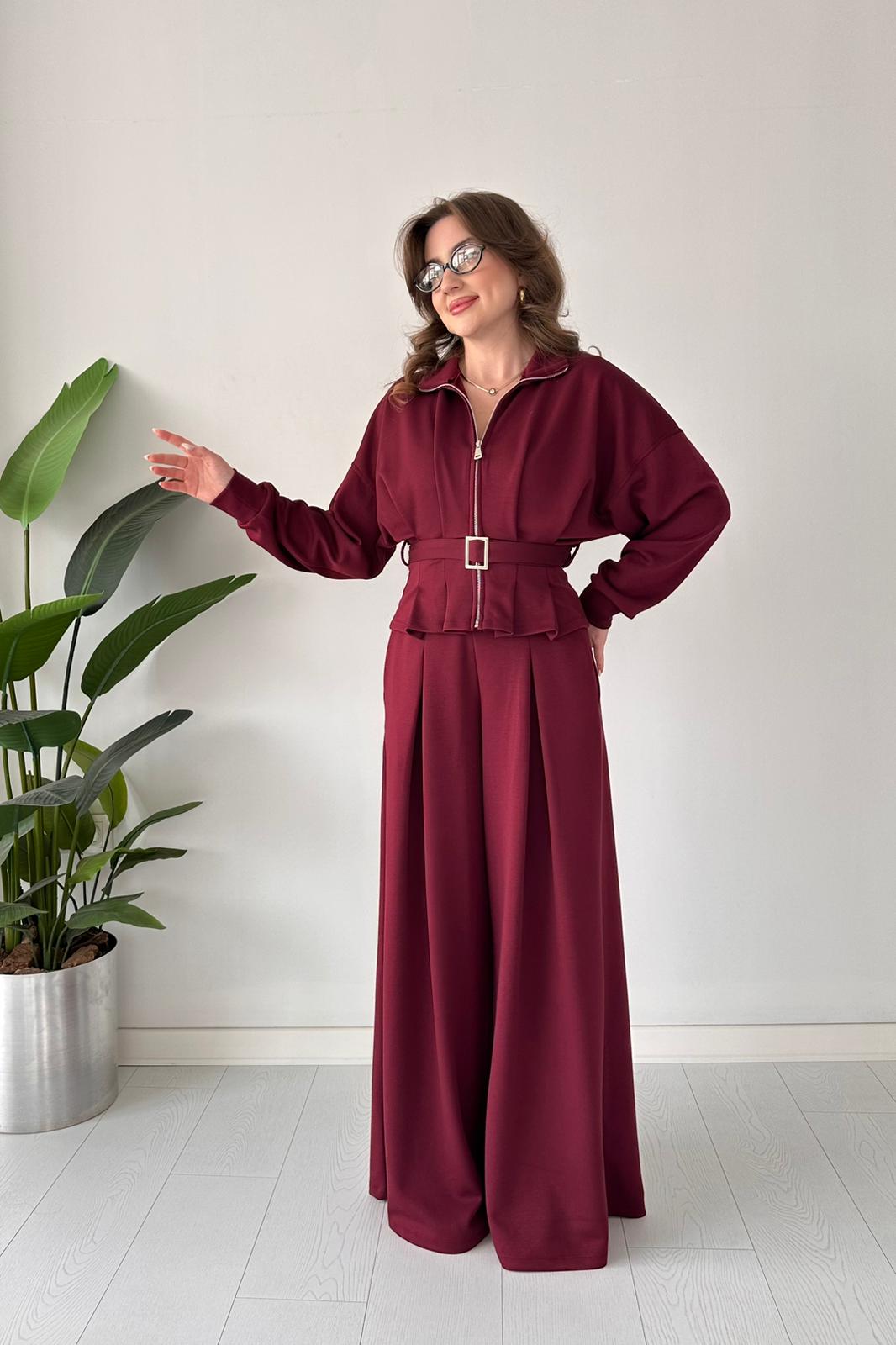 Pile Kemerli Tasarım Takım - Bordo