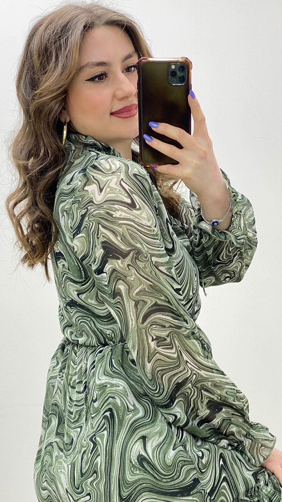 Midi Dalgalı Şİfon Elbise Haki