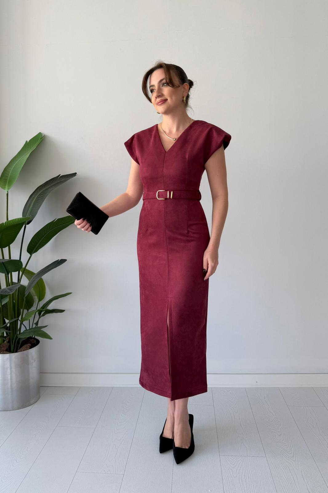 Kemerli Süet Elbise - Bordo