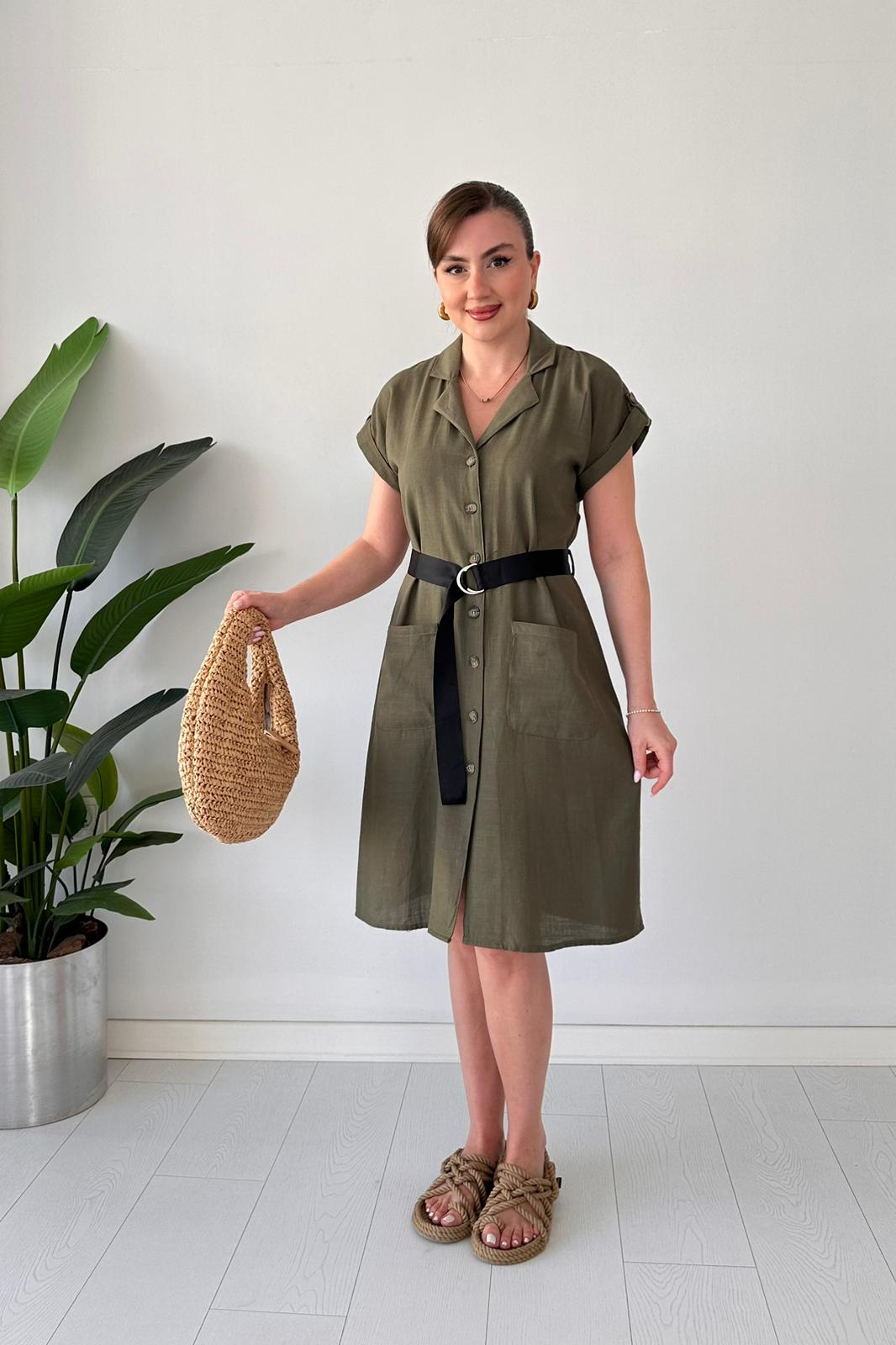 Siyah Kemerli Gömlek Elbise - Haki