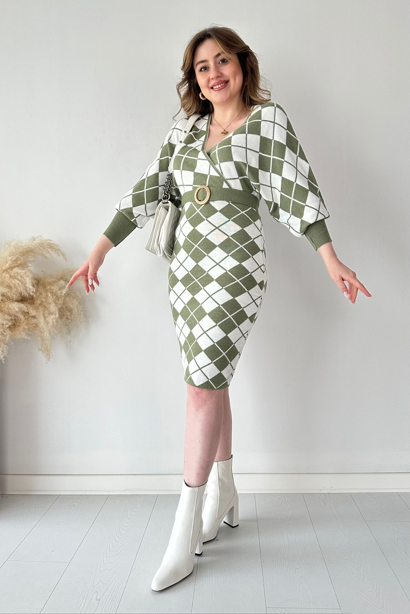 Kruvaze Ekoseli Triko Elbise