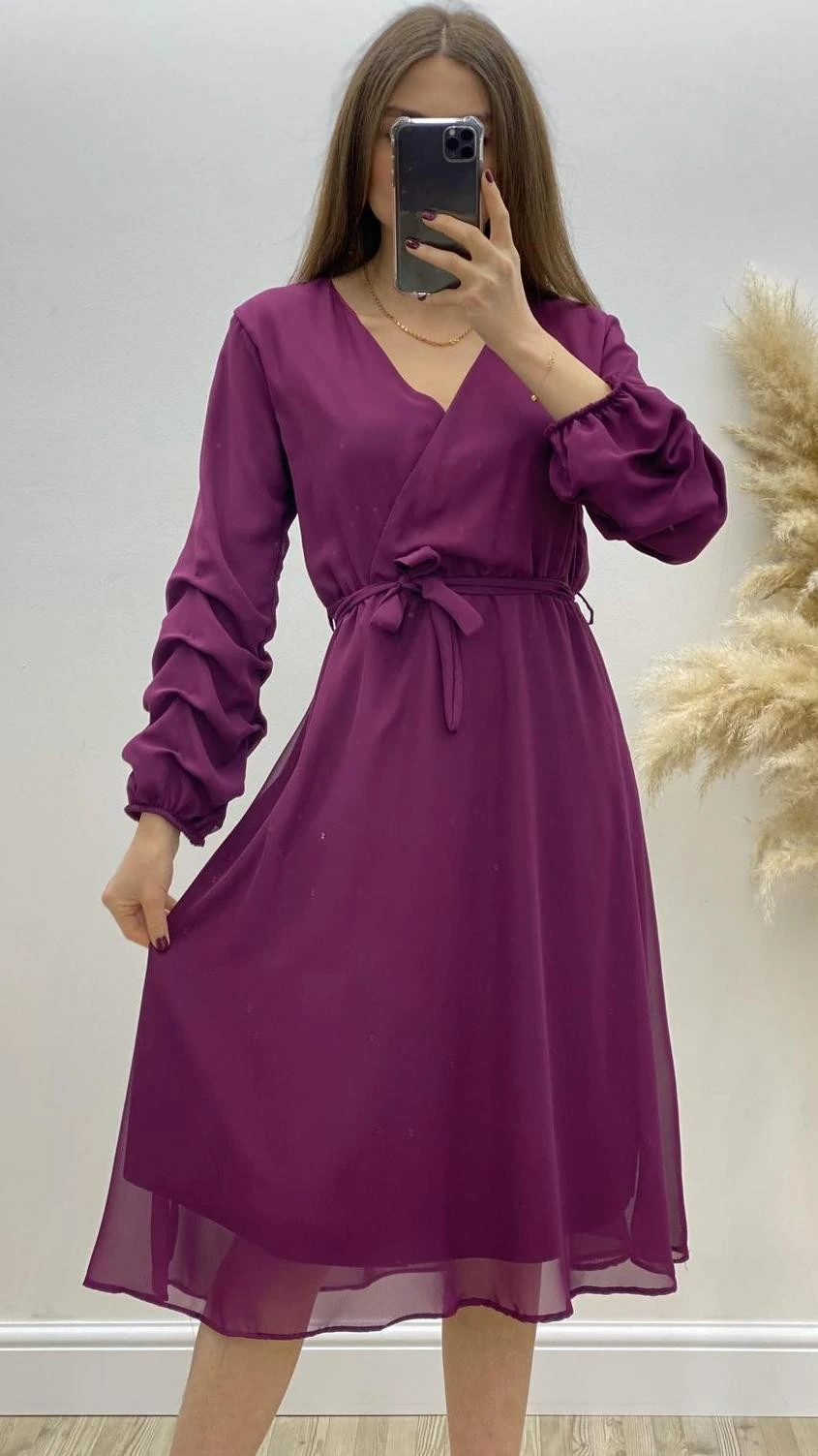 Midi Boy Şifon Elbise Mürdüm