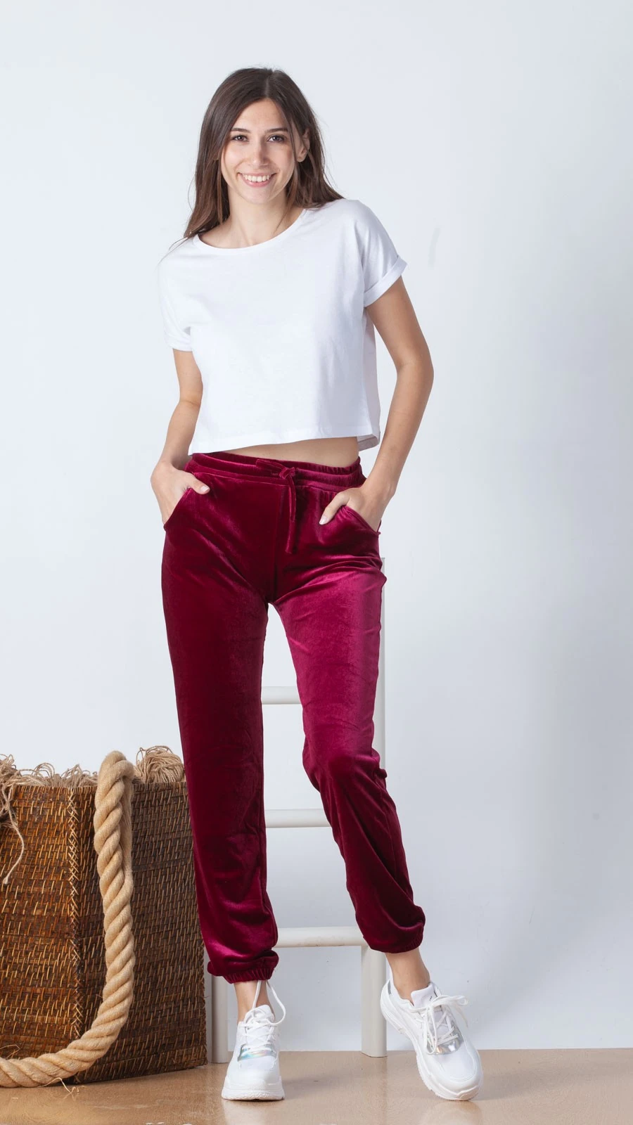 Kadife Lastikli Paça Pantolon-Bordo