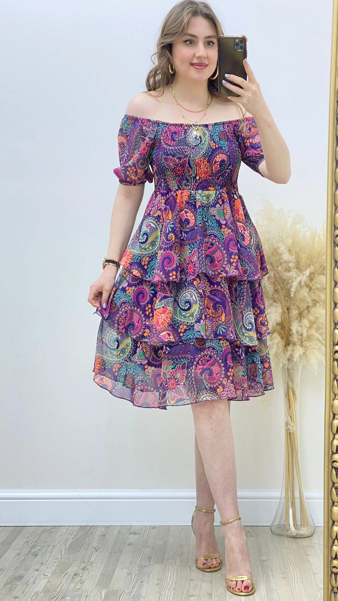 Katlı Şal Desen Şifon Elbise Mor