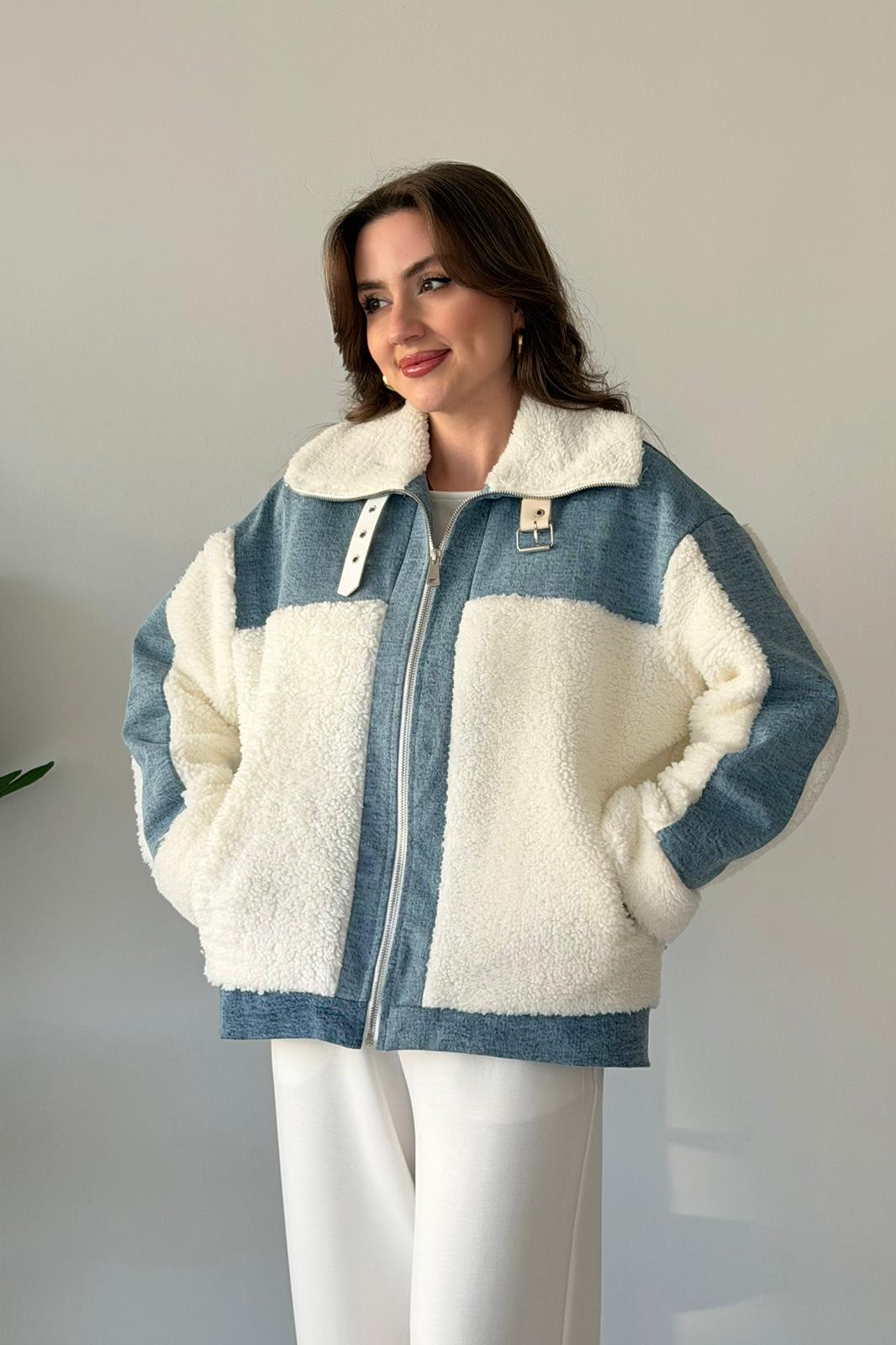 Denim Garnili Peluş Ceket