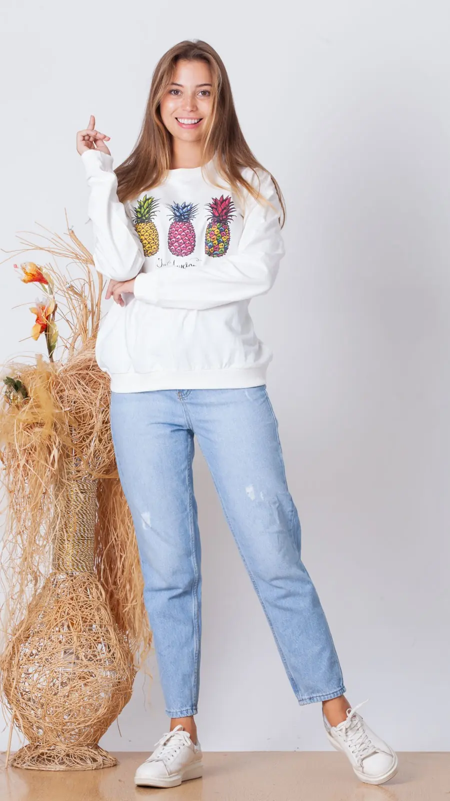 Ananas Baskılı Sweatshirt - Beyaz