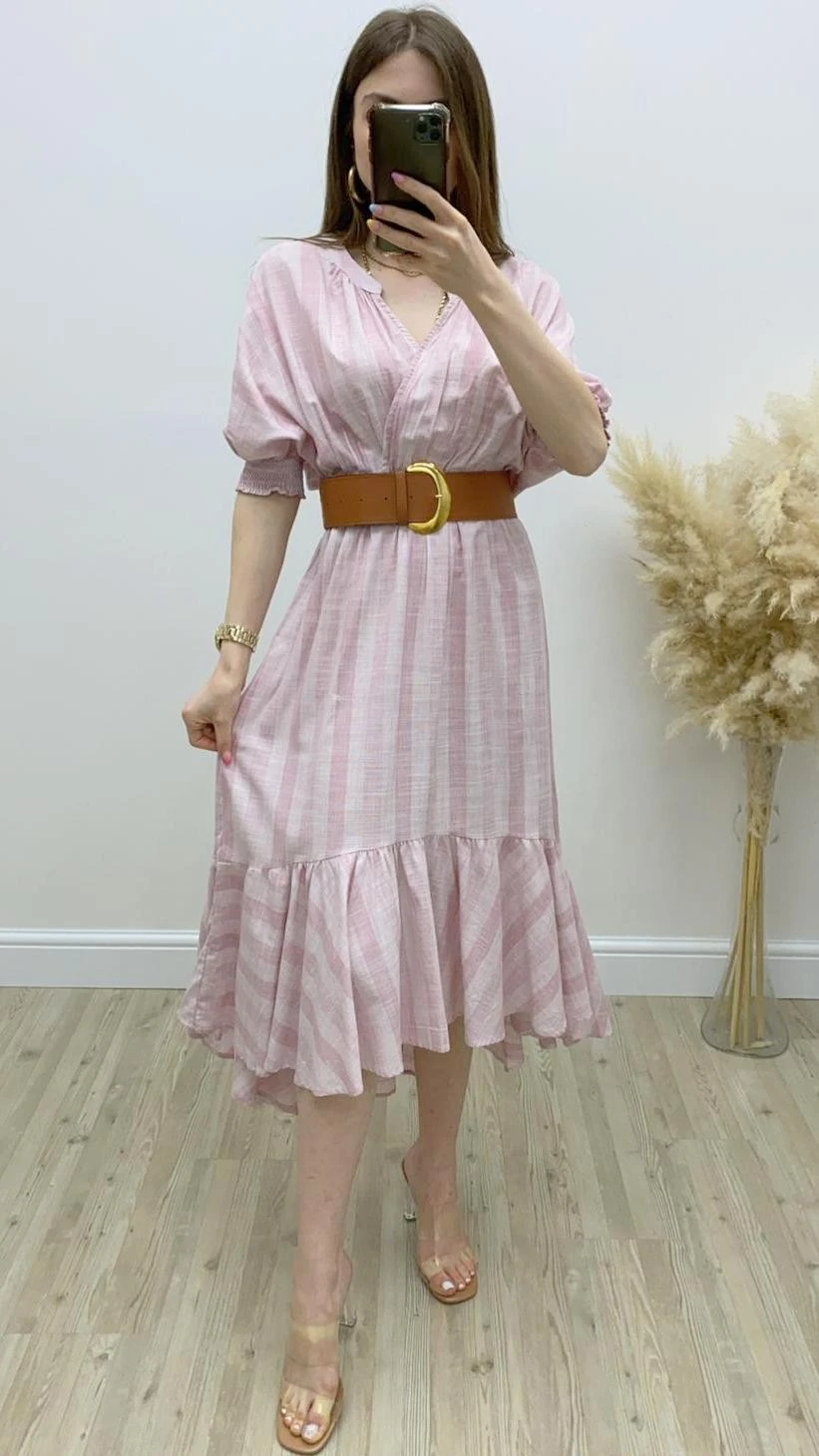 Kalın Kemerli Pembe Çizgili Elbise