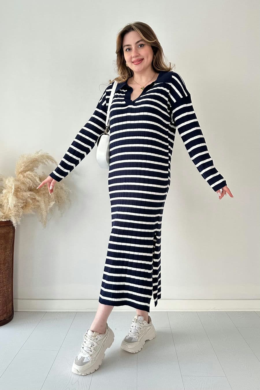 Çizgili Basic Triko Elbise