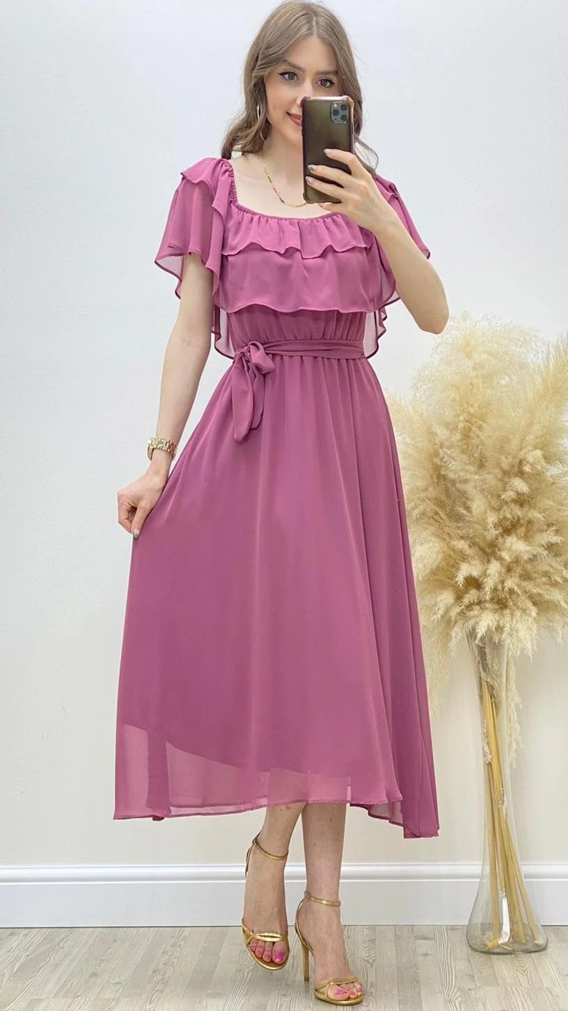 Fırfırlı Madonna Şifon Elbise Pudra