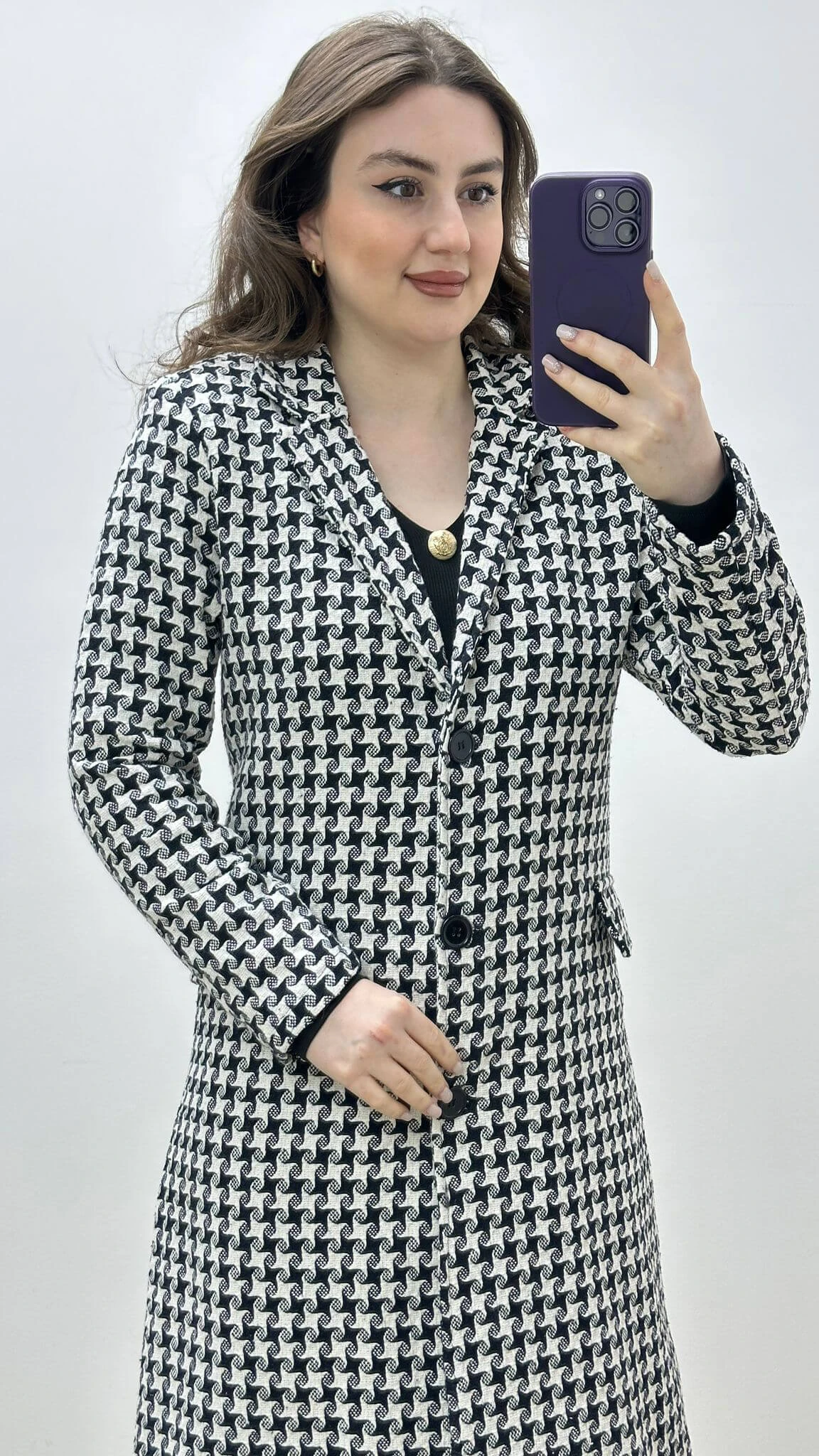 Midi Kaşe Kaban Kazayağı Beyaz