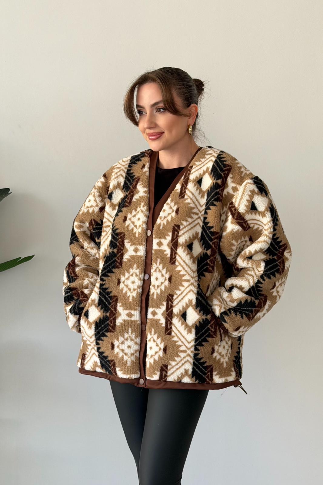 Etnik Desen Peluş Mont
