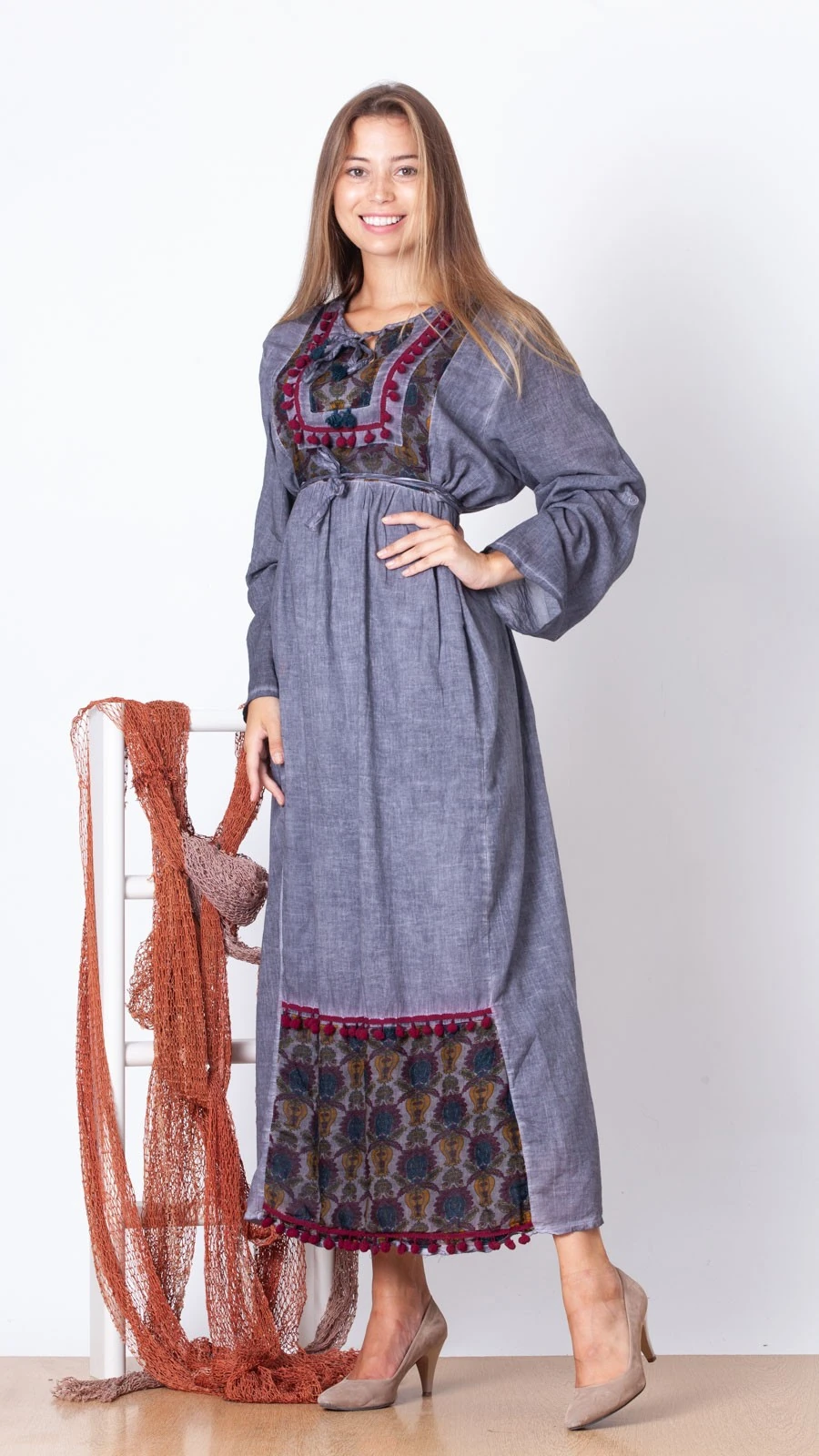 Japone Ponponlu Uzun Elbise