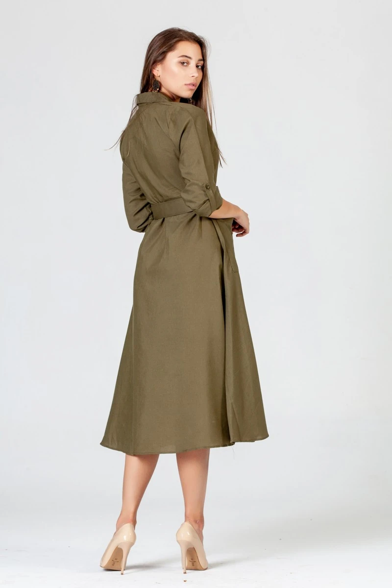 Çift Cep Kaplama Kemer Midi Elbise - Haki