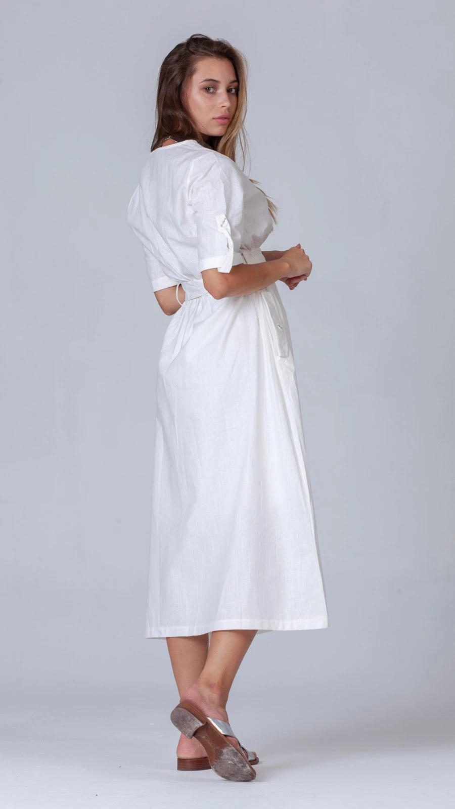 Yırtmaçlı Fakir Kol Keten Elbise - Beyaz