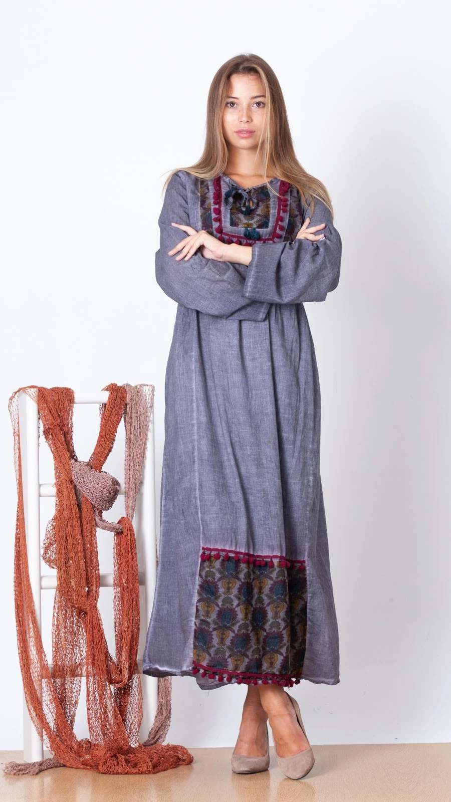 Japone Ponponlu Uzun Elbise