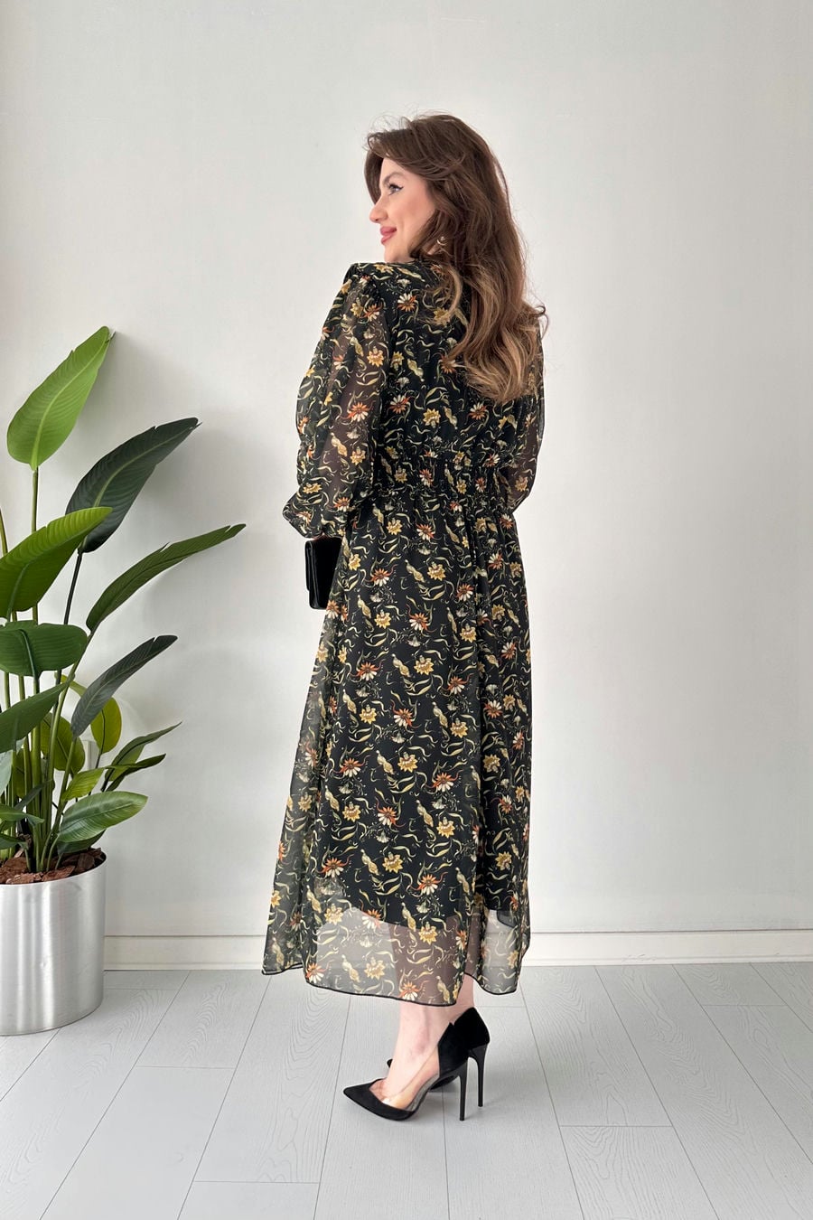 Vatkalı Karanfil Şifon Elbise