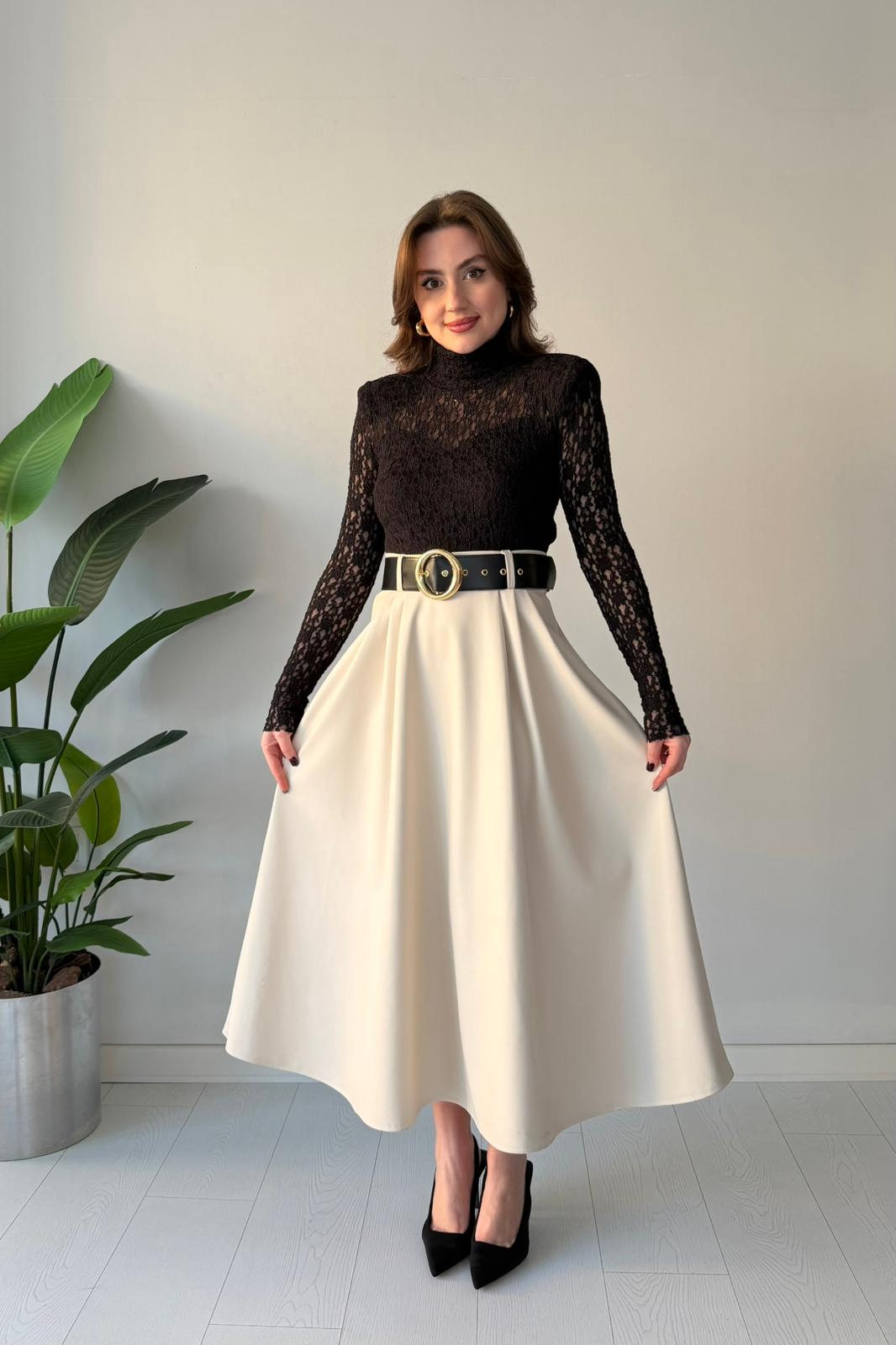 Deri Etekli Tasarım Elbise