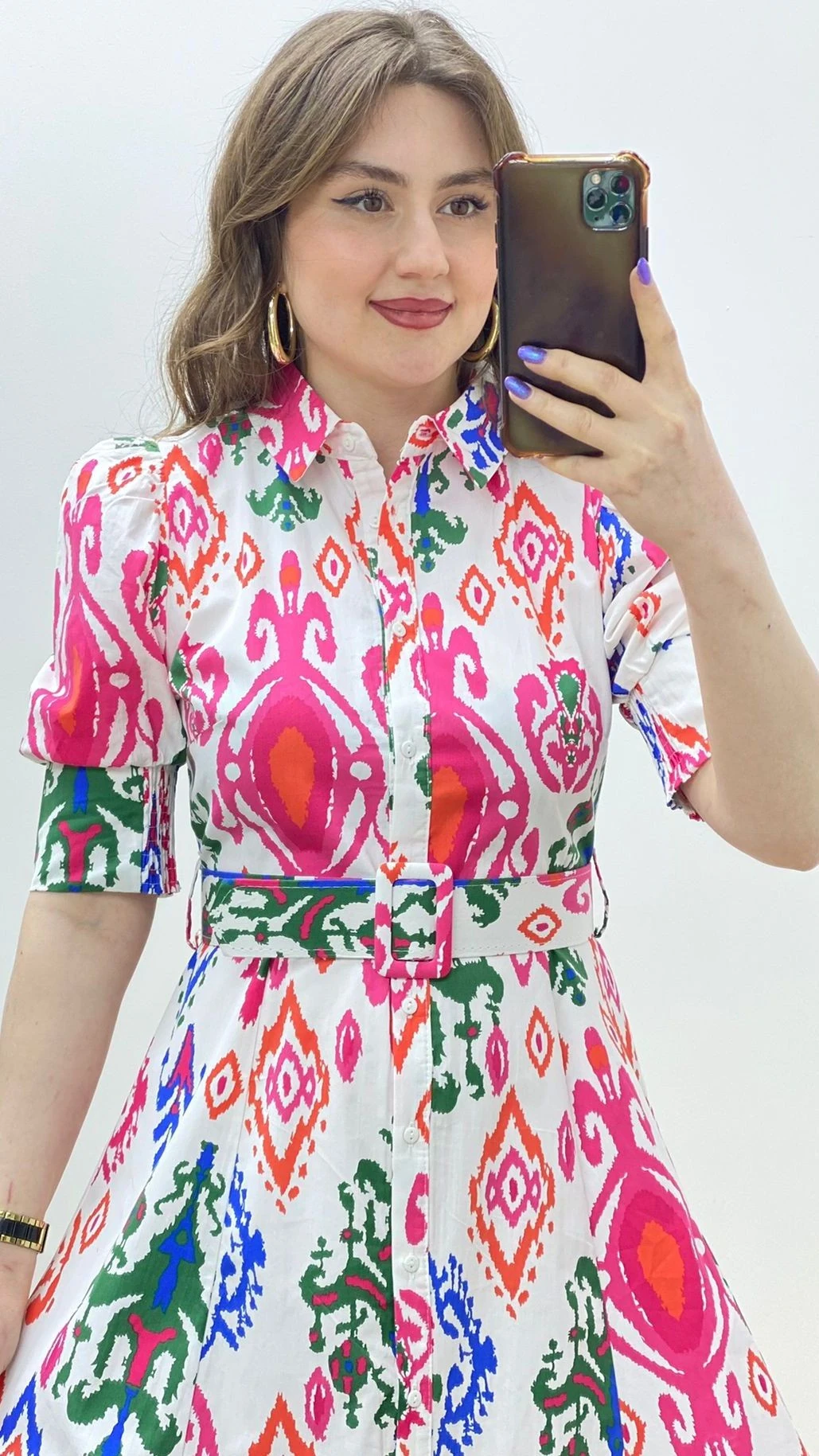 Desenli Poplin Gömlek Elbise Beyaz