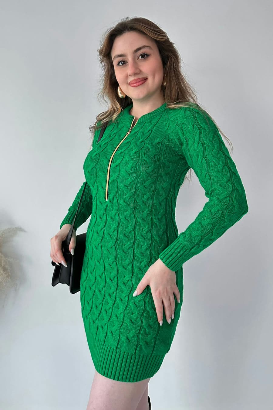 Saç Örgü Fermuar Detaylı Triko Elbise