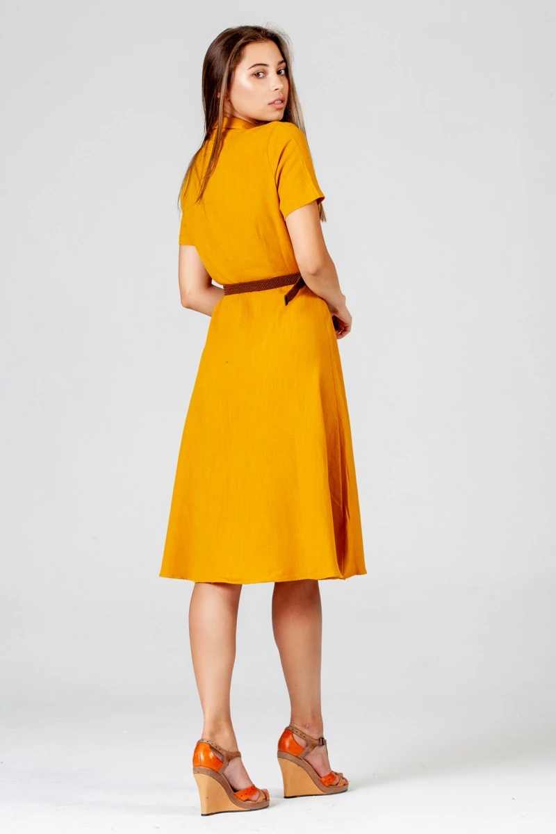 Kısa Kol Hasır Kemer Elbise - Hardal