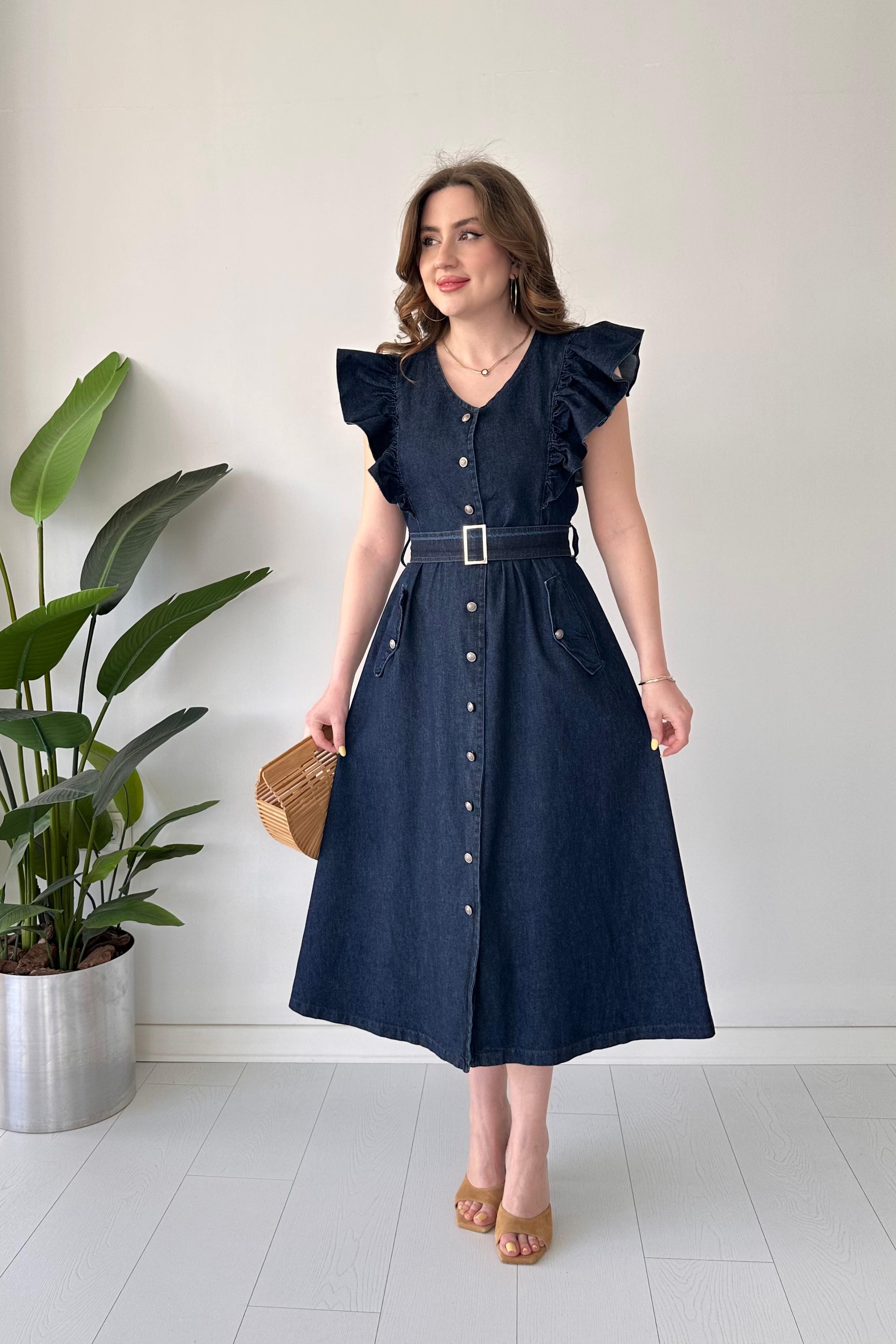 Volanlı Denim Elbise