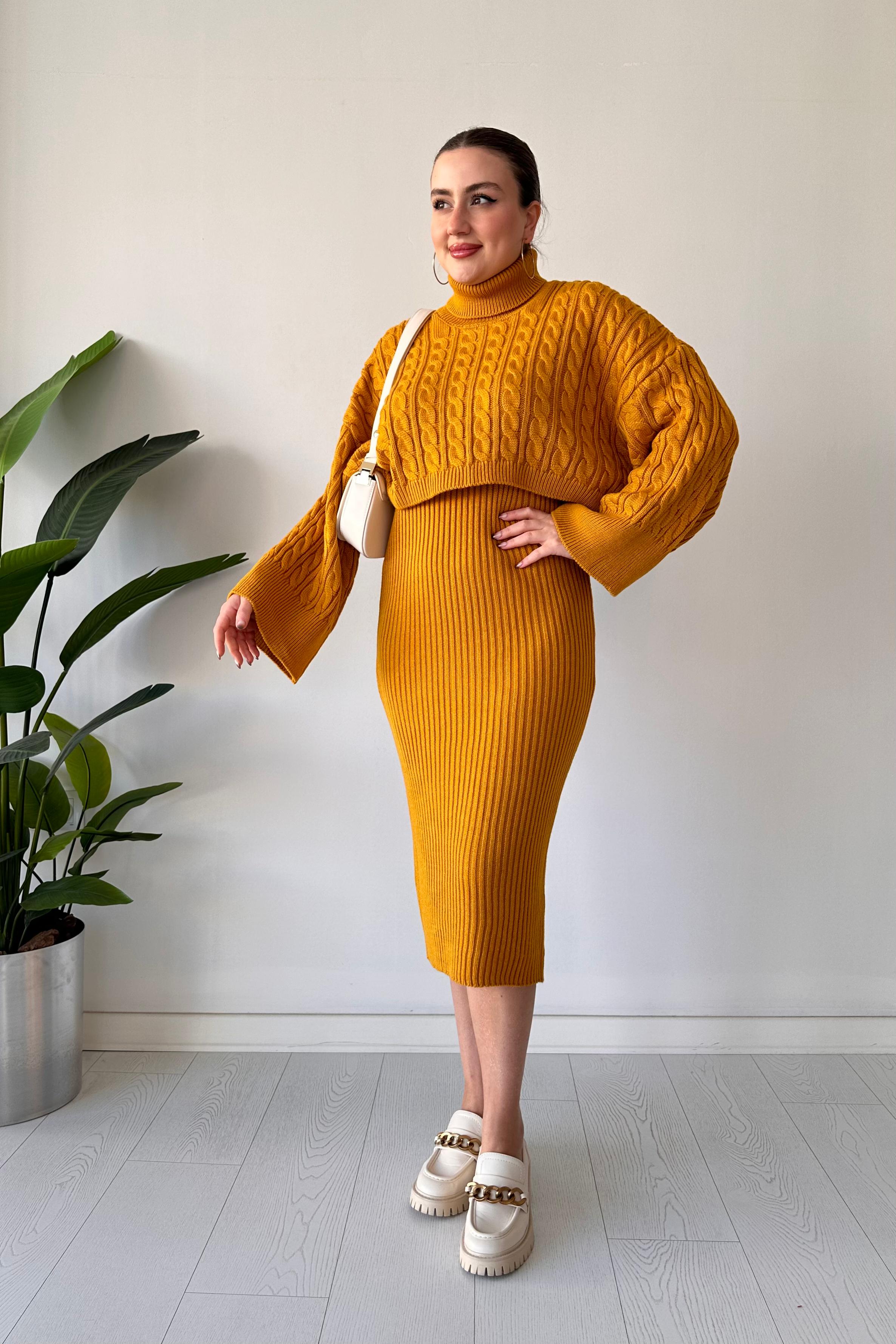 Saç Örgü Kazak Elbise Triko Takım