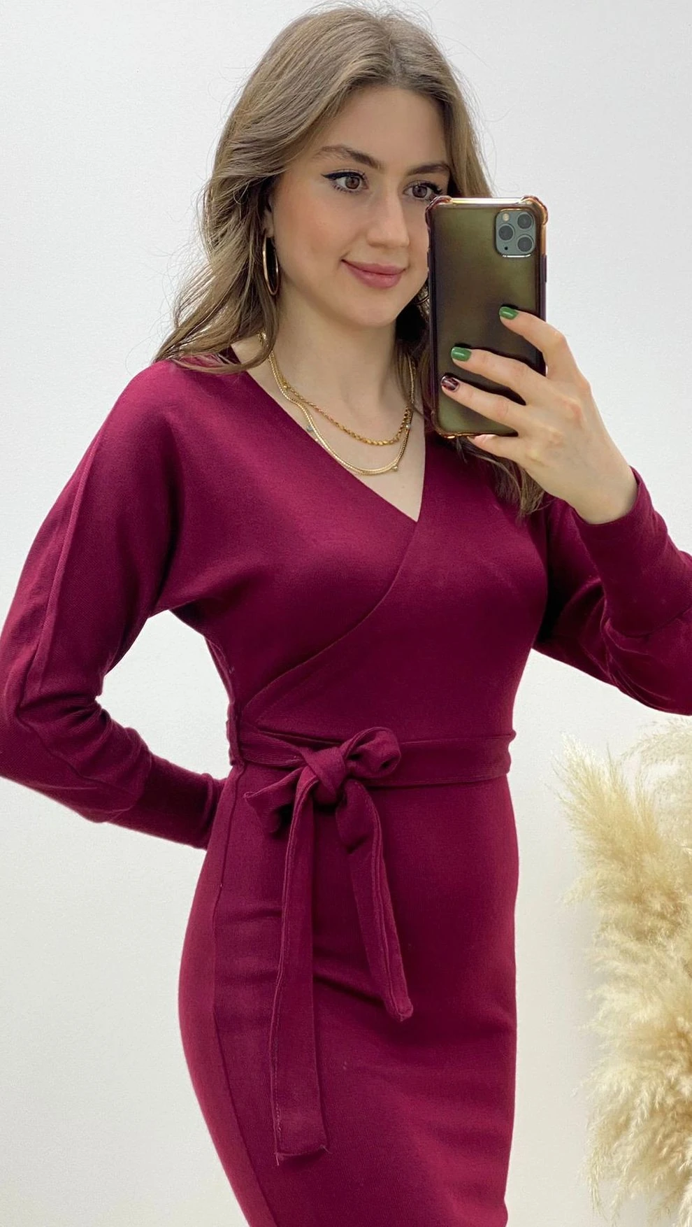 Kruvaze Midi Triko Elbise Bordo