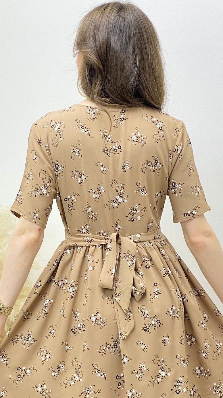 Kır Papatyalı Viskon Elbise Bej