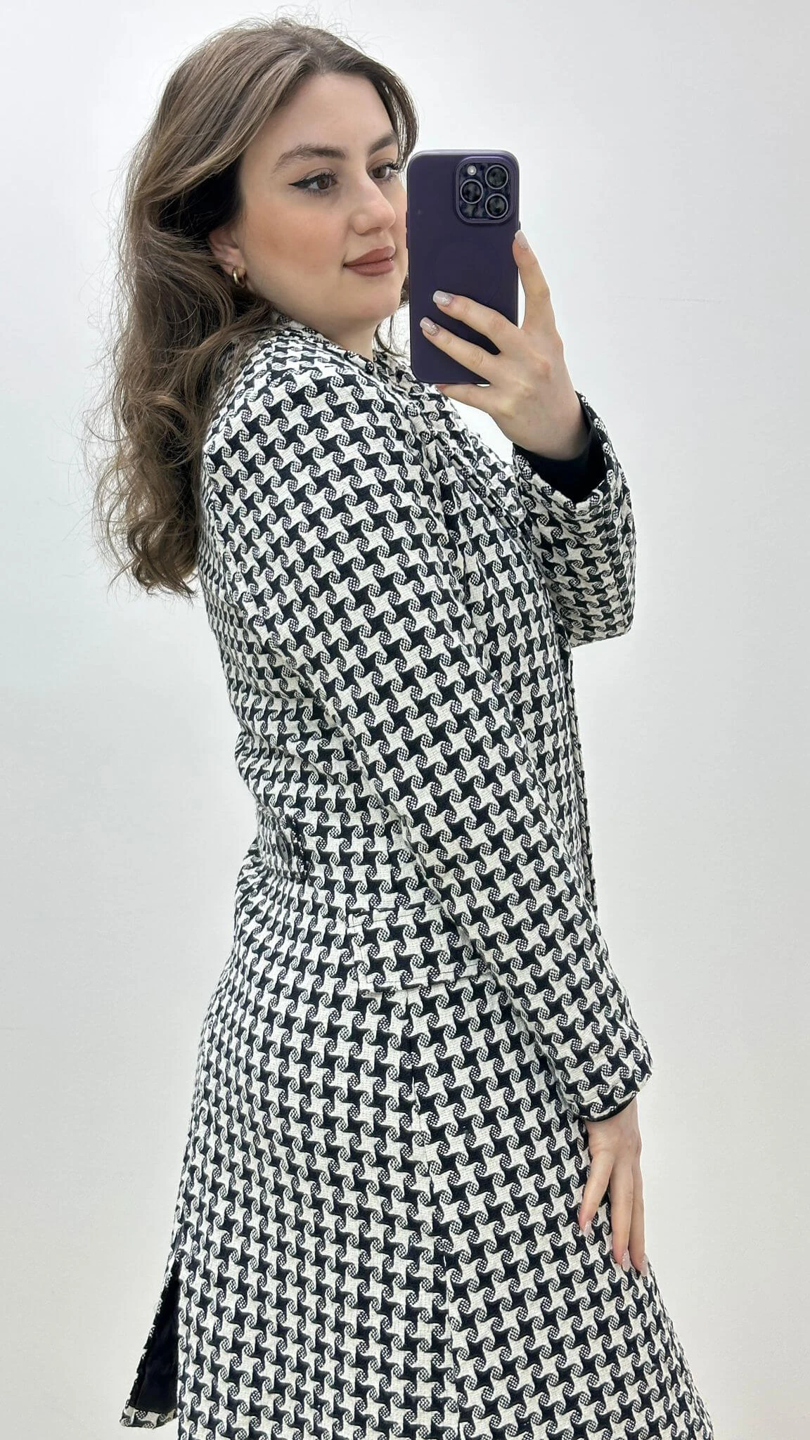 Midi Kaşe Kaban Kazayağı Beyaz