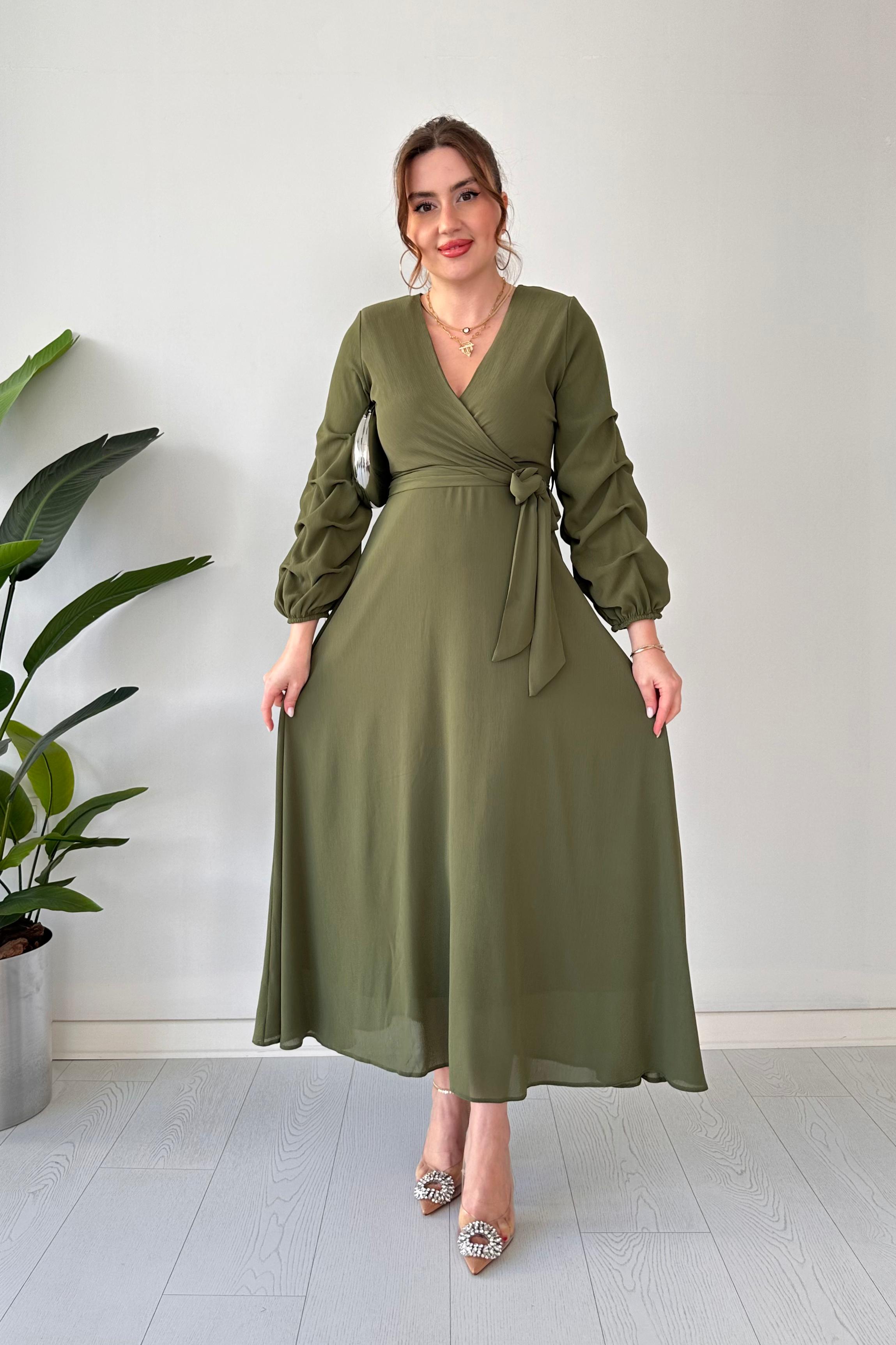 Maksi Boy Şifon Elbise Haki