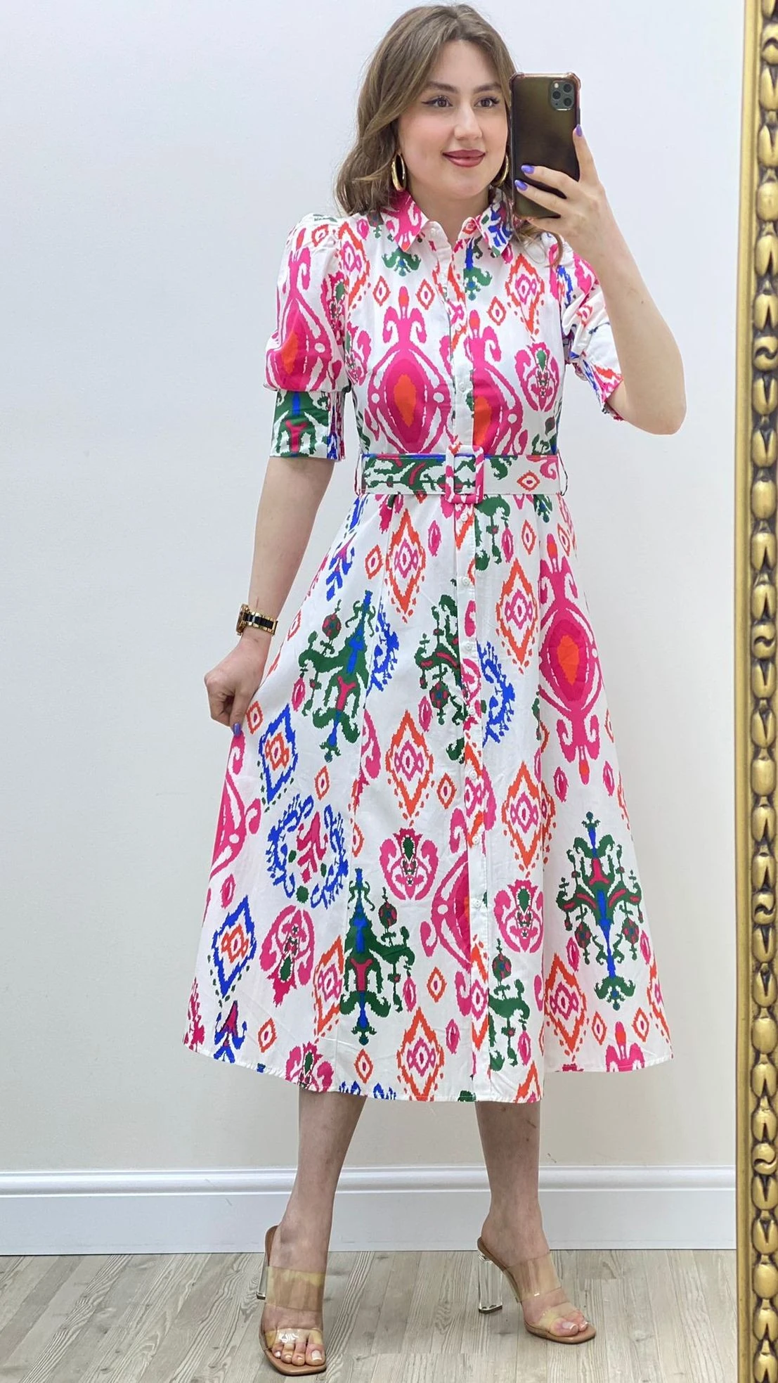 Desenli Poplin Gömlek Elbise Beyaz