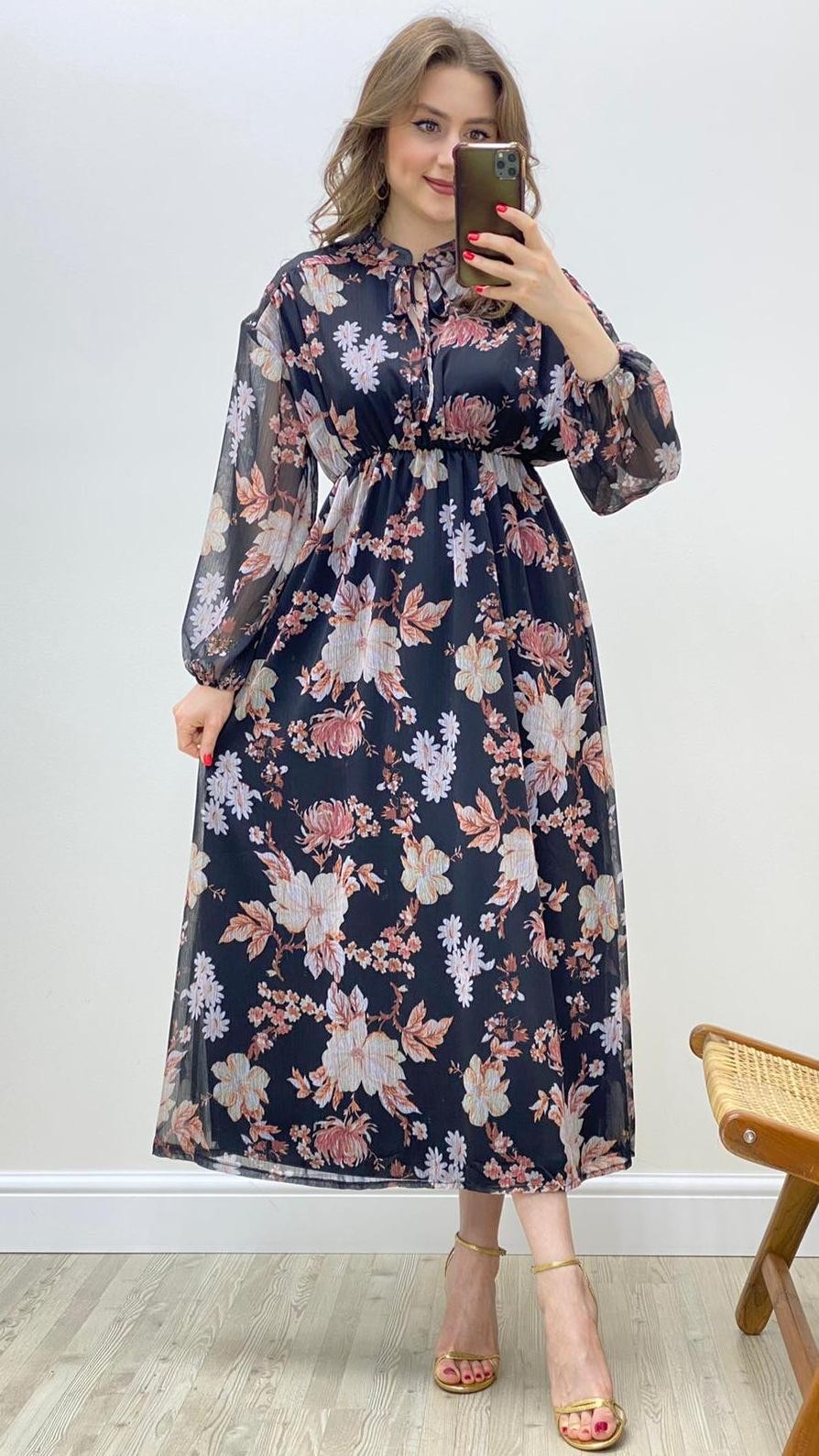 Gardenya Desen Şifon Elbise Siyah