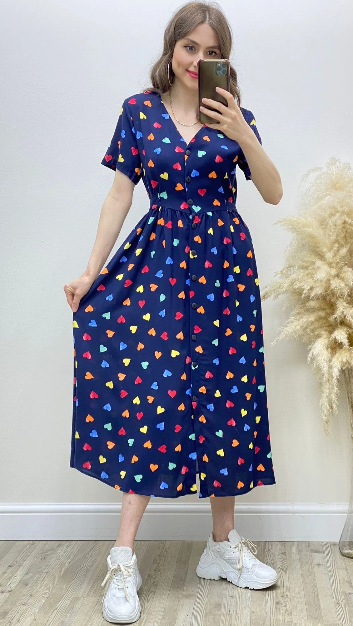 Renkli Kalpli Viskon Elbise Lacivert