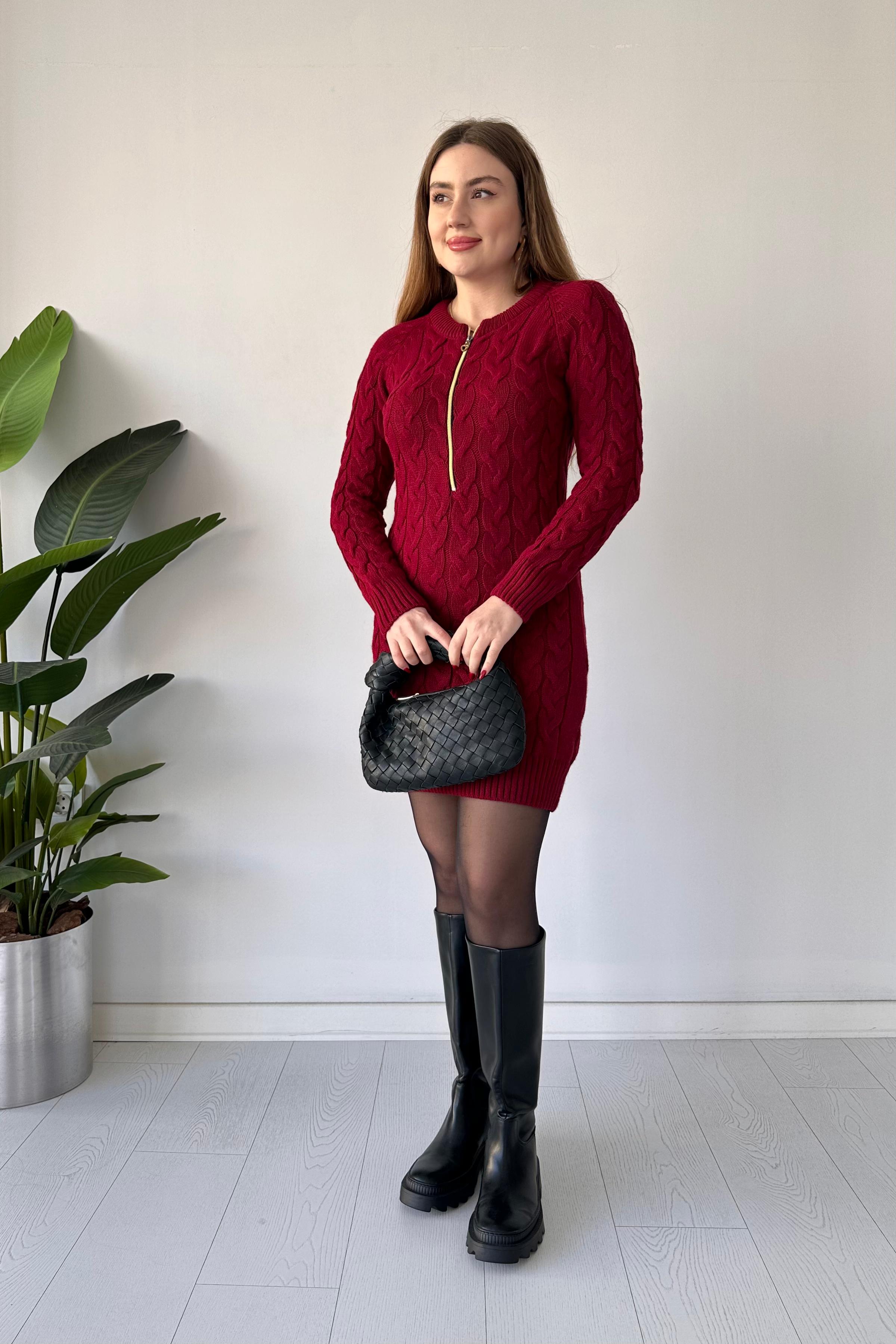 Saç Örgü Fermuar Detaylı Triko Elbise