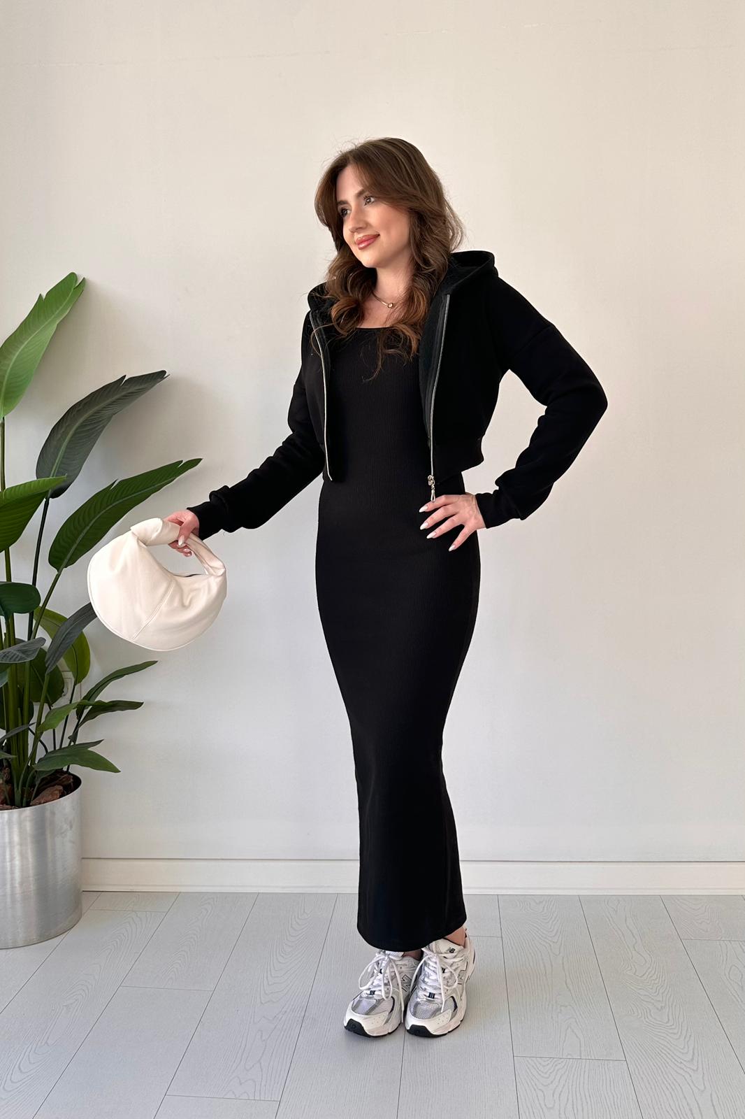 Üç İplik Hırkalı Elbise - Siyah