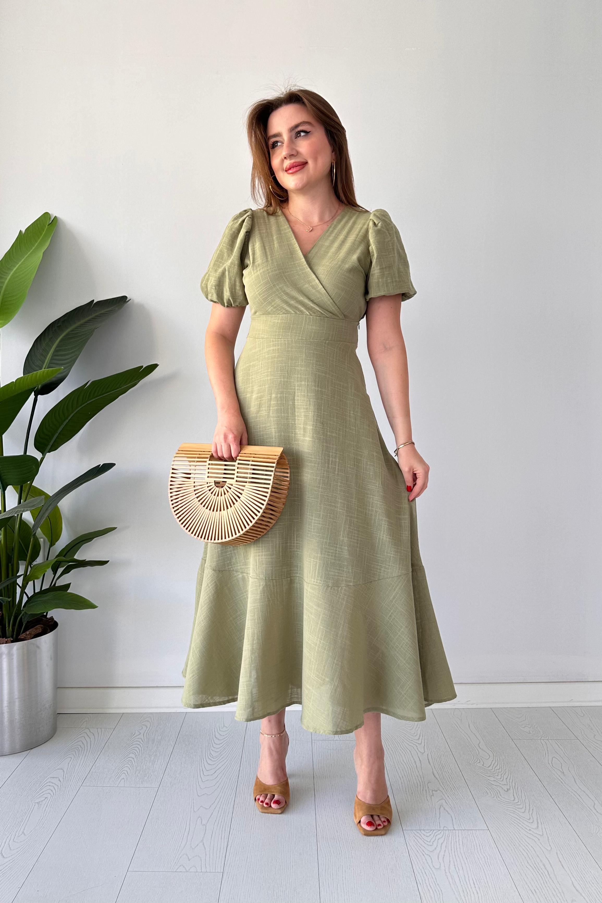 Eteği Volan Keten Elbise