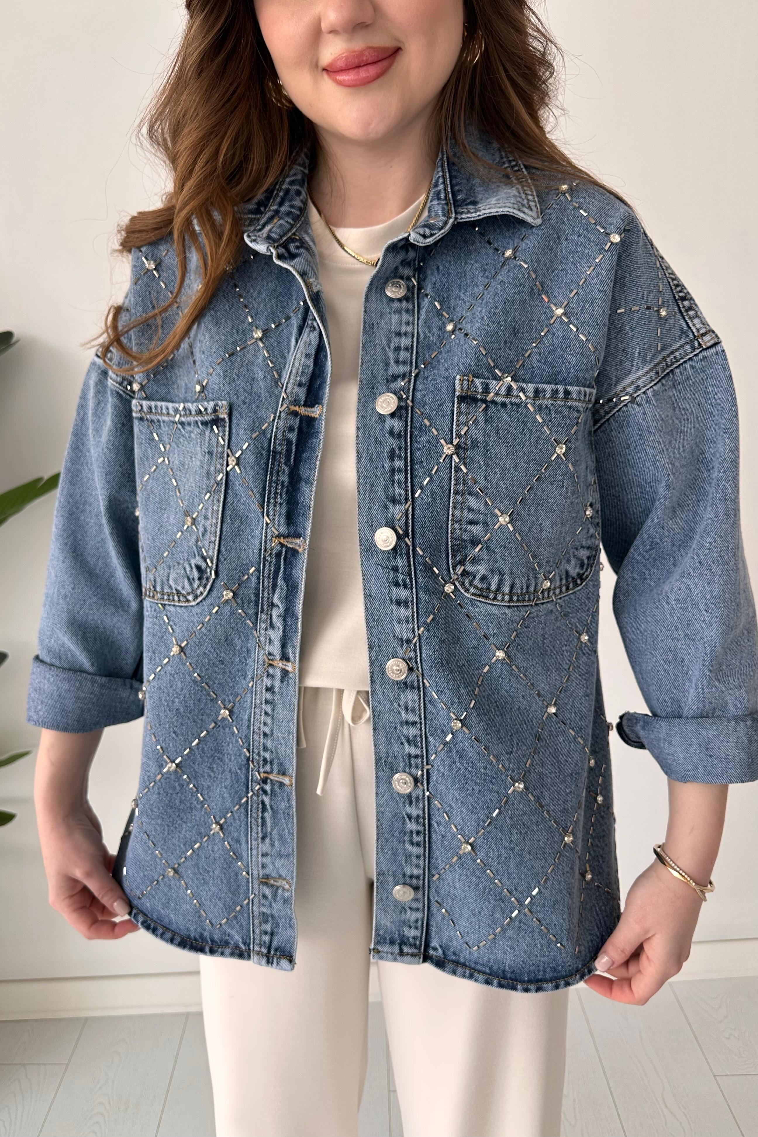 Çapraz Taşlı Denim Ceket